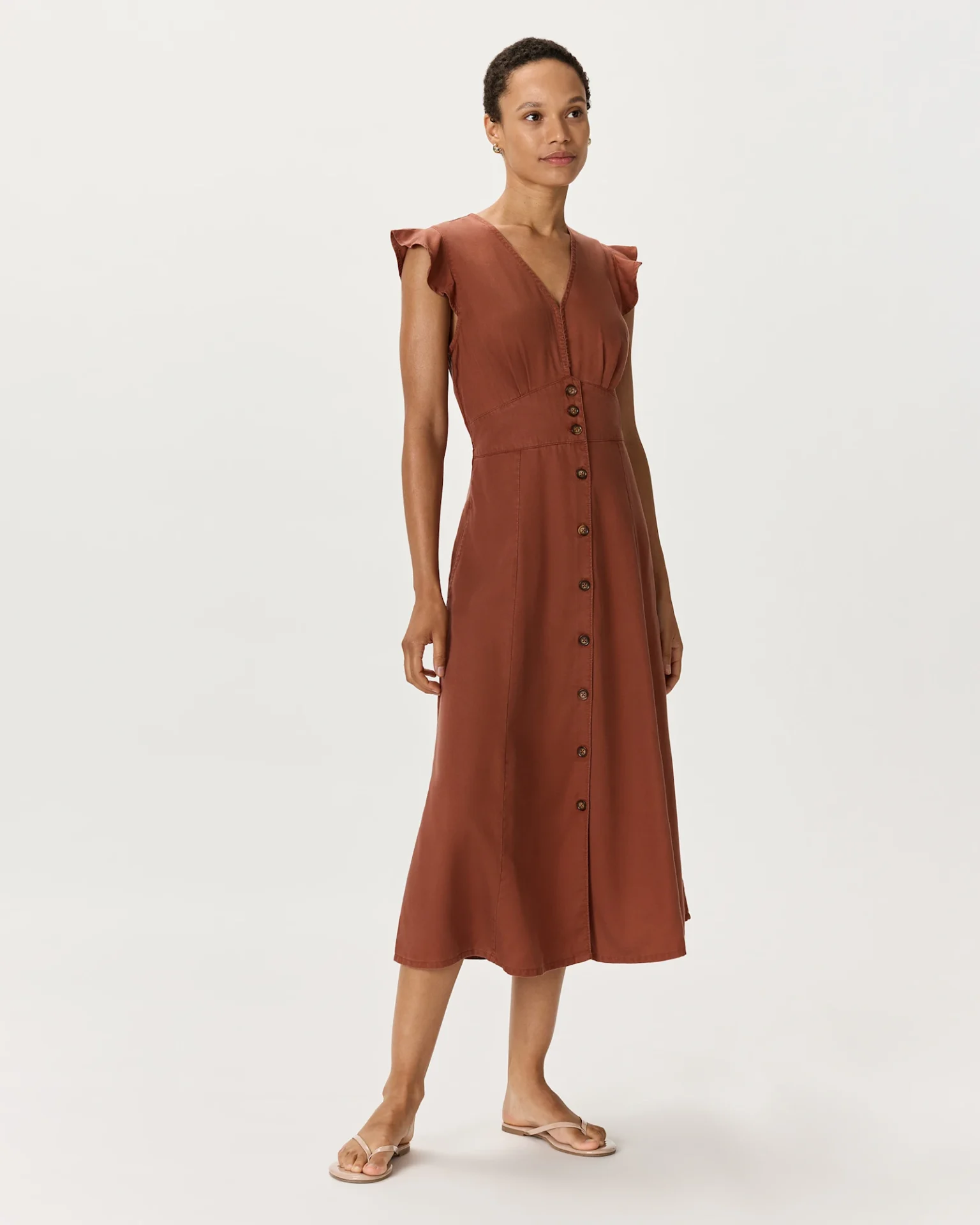 Vintage Wash Tencel Button Front Midi Dress (Terracotta)