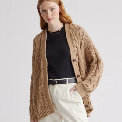 100% Organic Cotton Oversized Cable Cardigan (Camel)