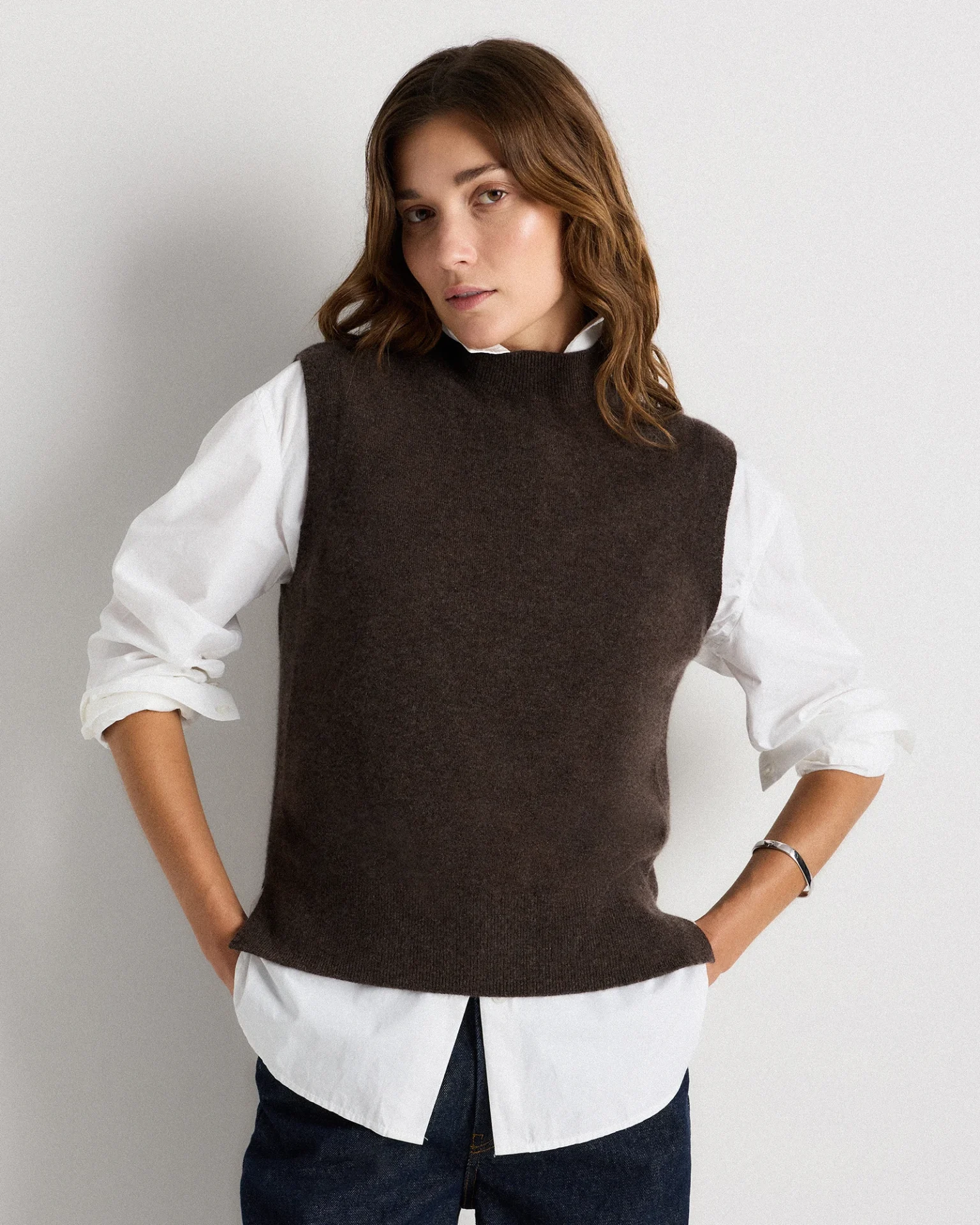 Mongolian Cashmere Mock Neck Sweater Vest (Heather Truffle Brown)