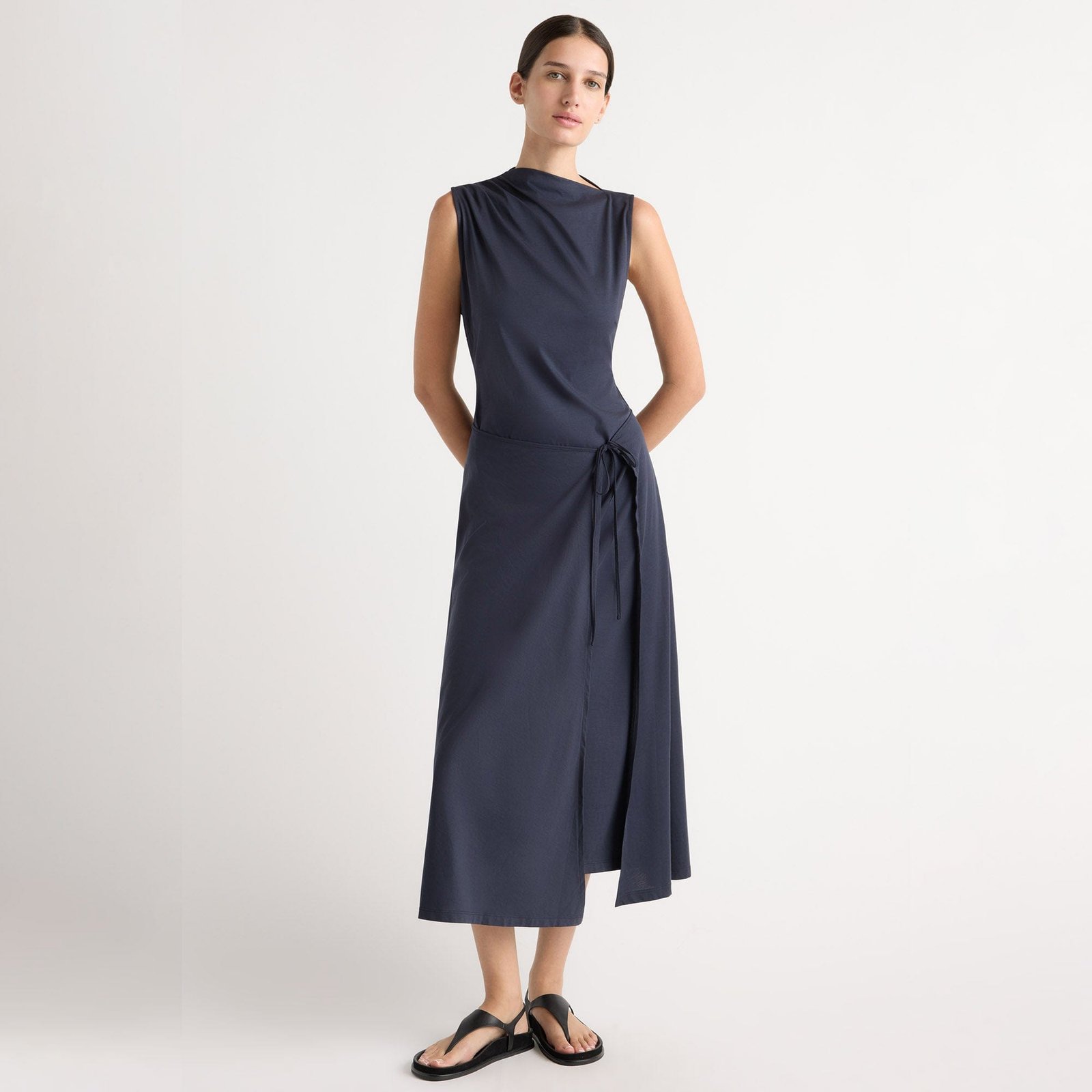 Amelia Asymmetric-Neck Wrap Dress (Navy)
