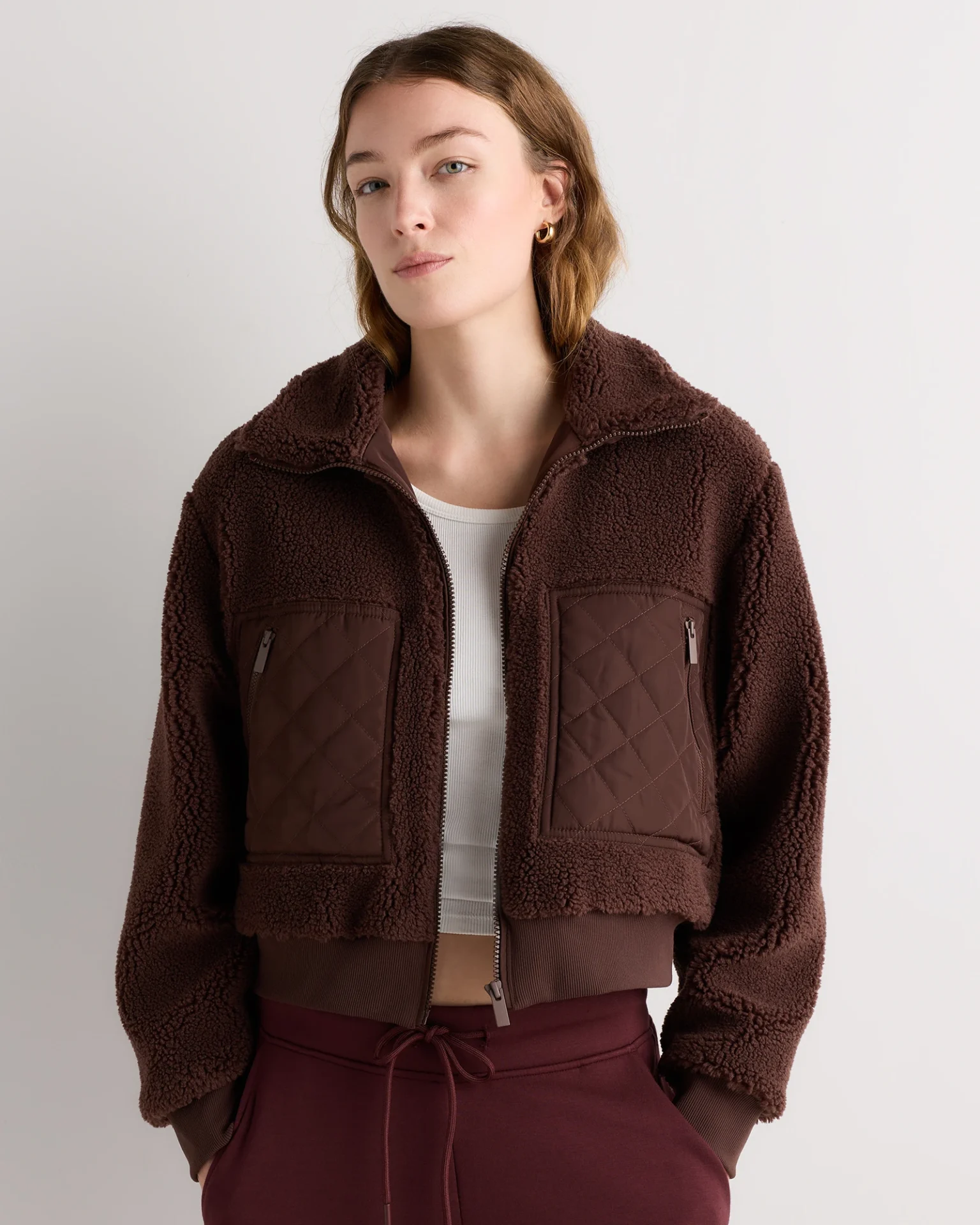Sherpa Cropped Bomber Jacket (Hickory Brown)