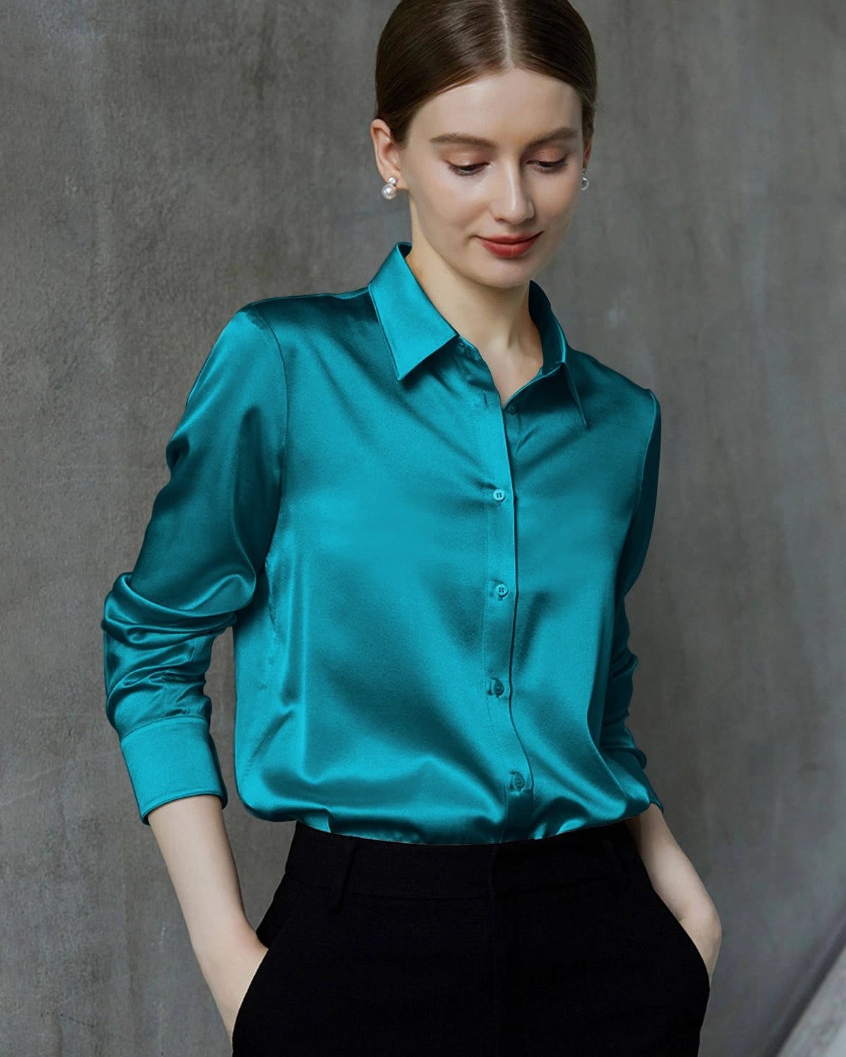22 Momme Silk Long Sleeve Shirt (Peacock Blue)