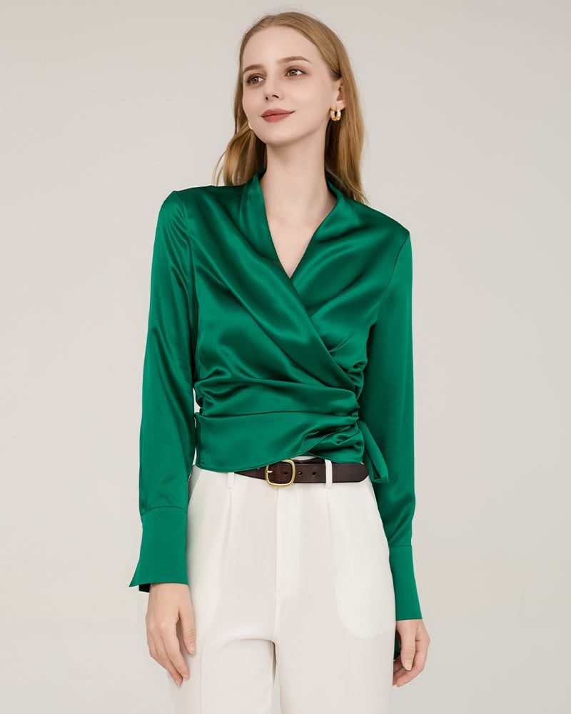 Elegant Fitted Silk Wrap Blouse (Green)
