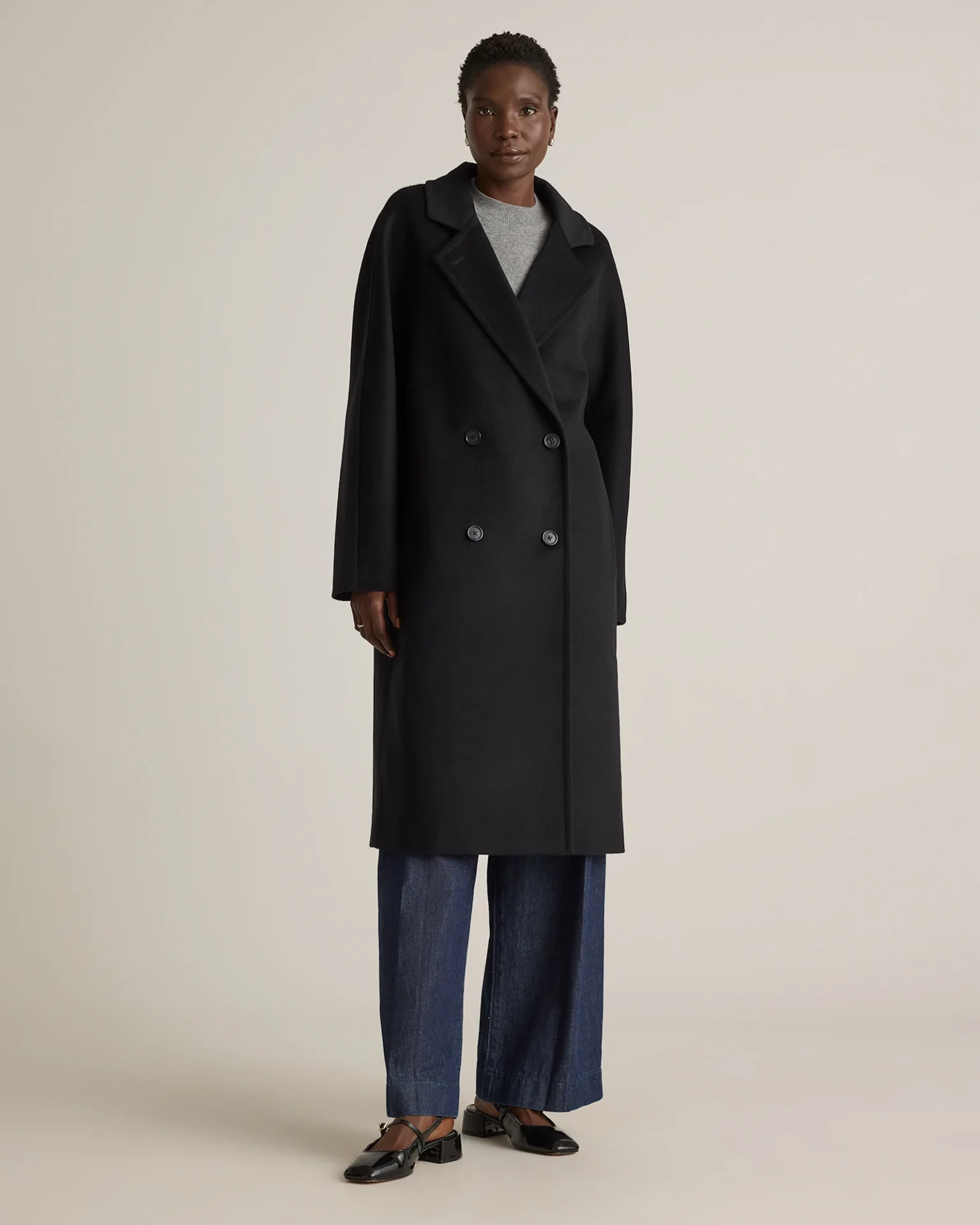 Italian Wool Double-Breasted Slouch Coat (Black)