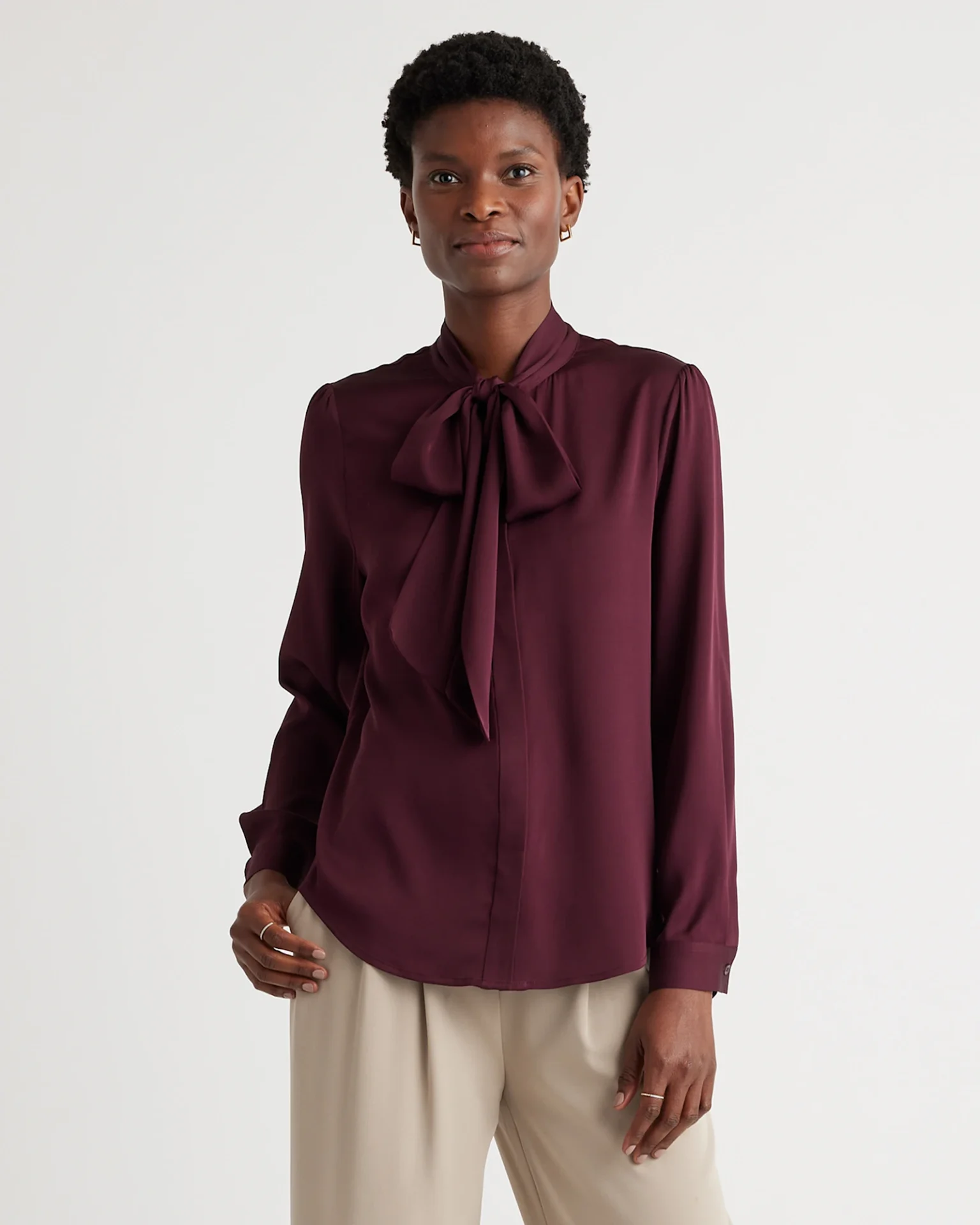 Washable Stretch Silk Tie Neck Blouse (Wine Tasting Red)