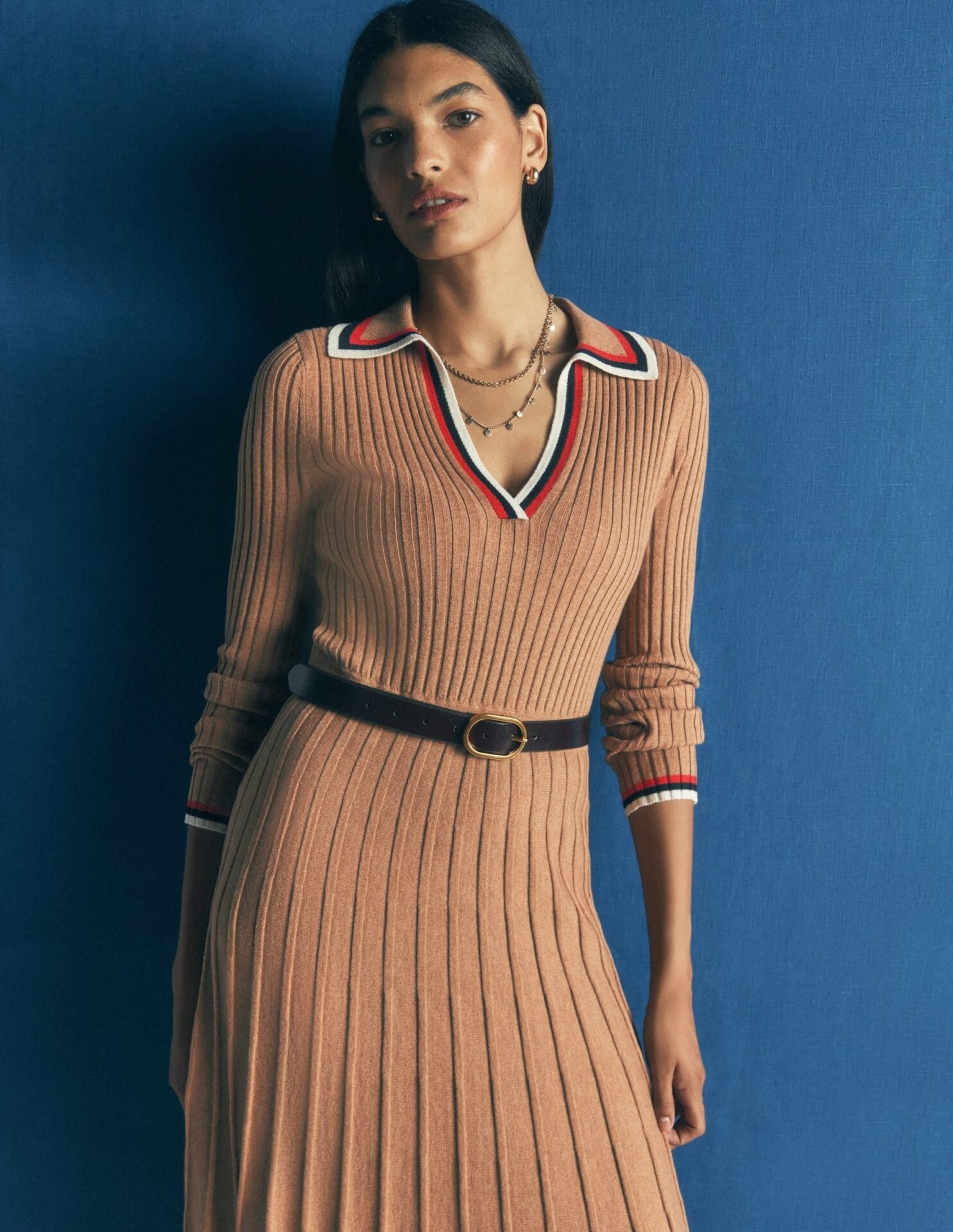 Ribbed Henley Knitted Dress (Camel Melange)