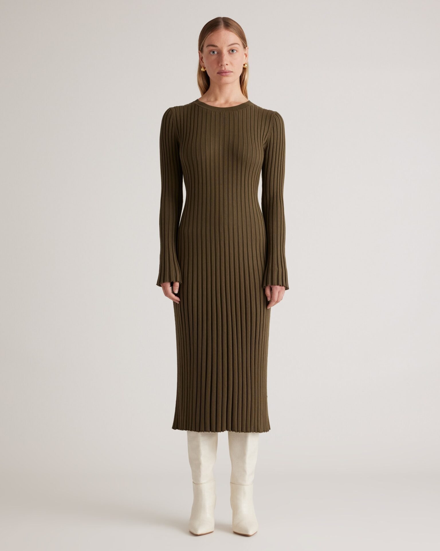Cotton Cashmere Ribbed Long Sleeve Crew Midi Dress (Olive)