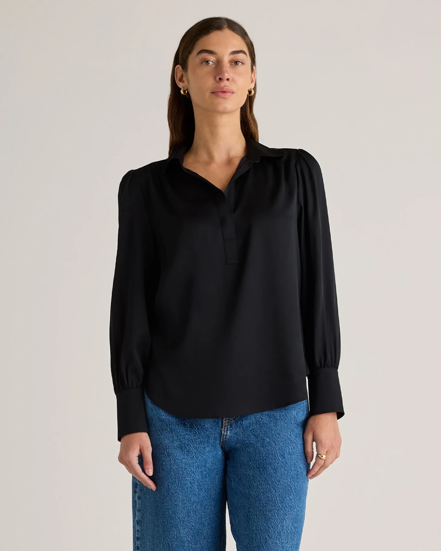 Washable Stretch Silk Split Neck Blouse (Black)