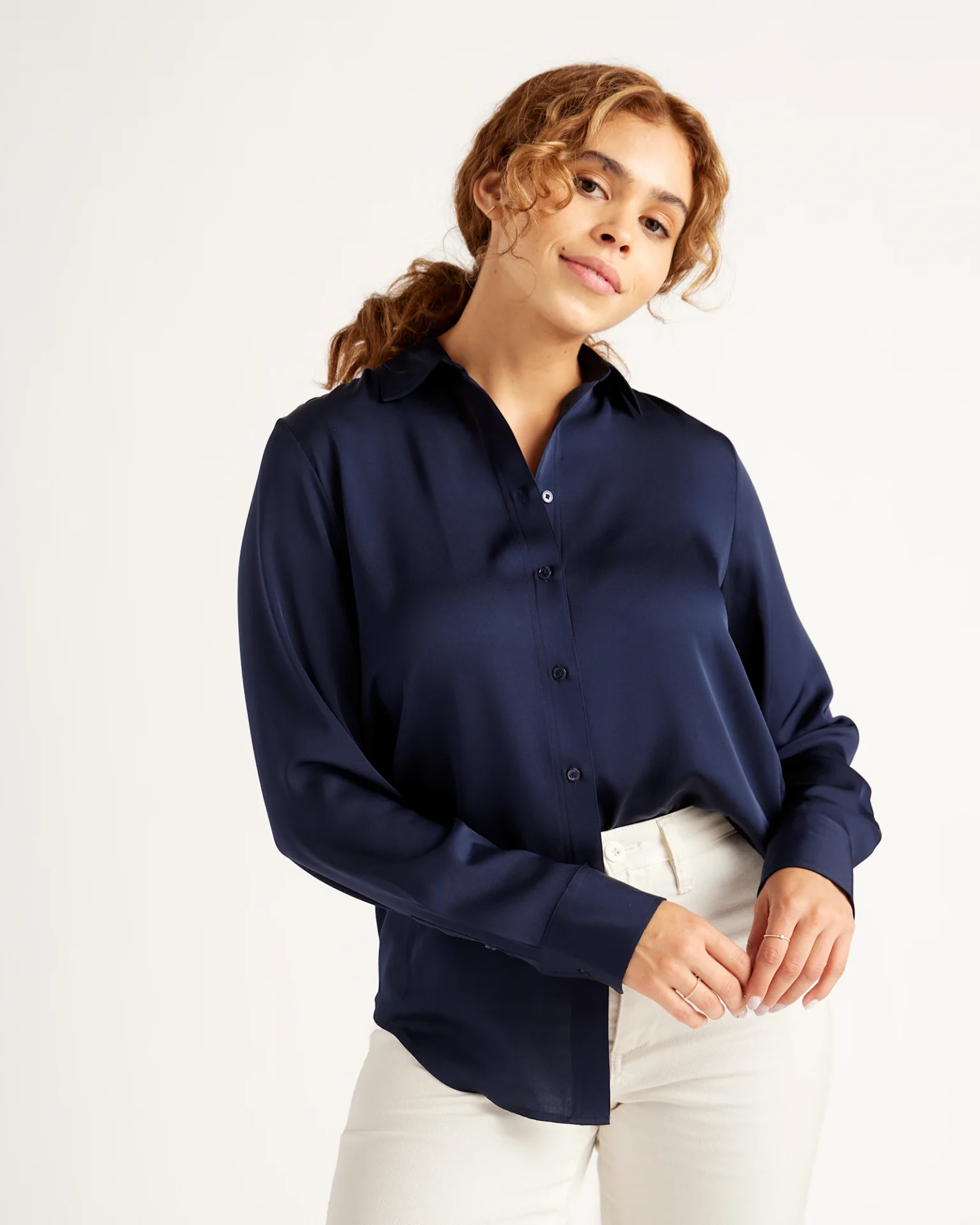 Washable Stretch Silk Blouse (Navy)