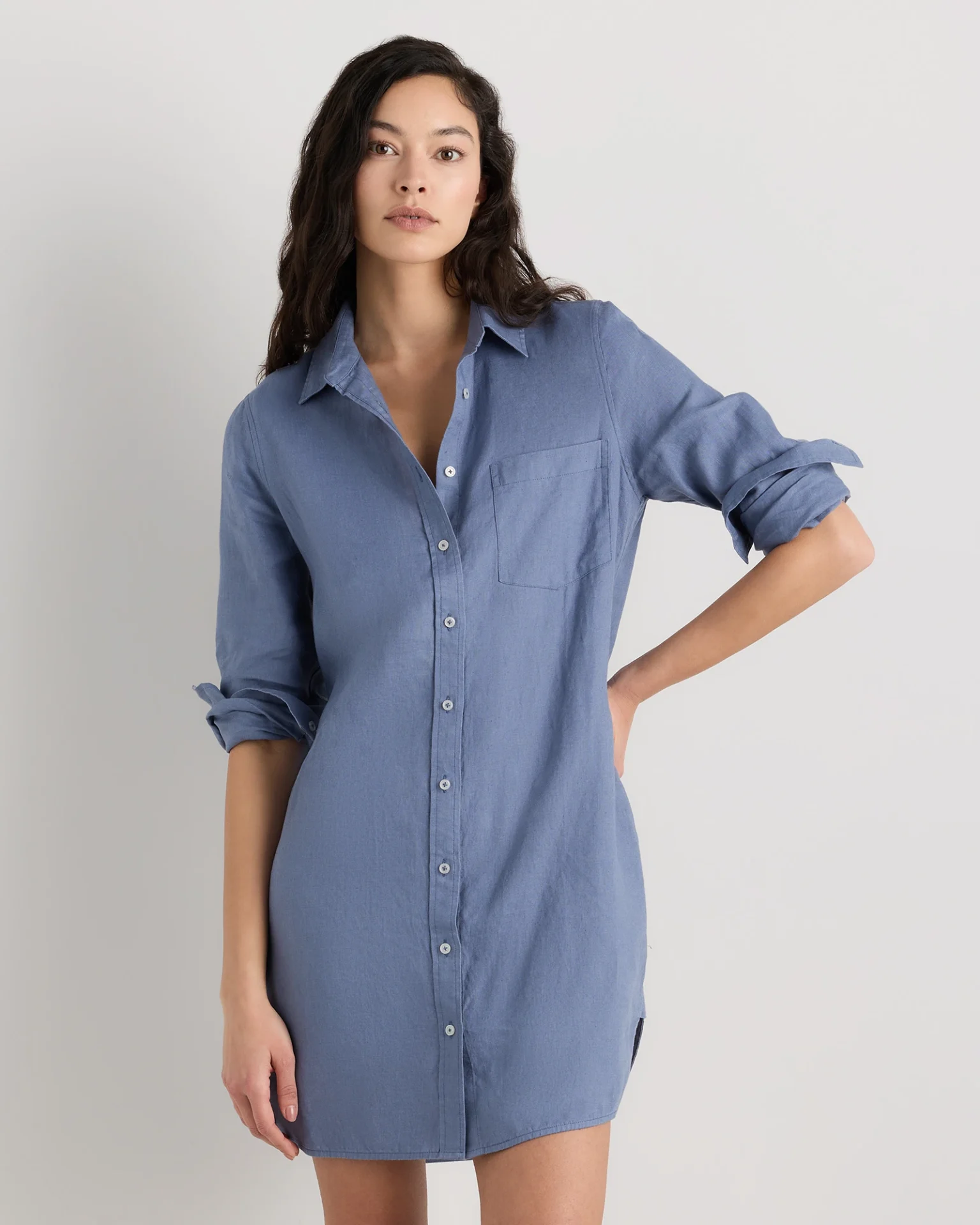 100% European Linen Shirt Dress (Moonstone Blue)