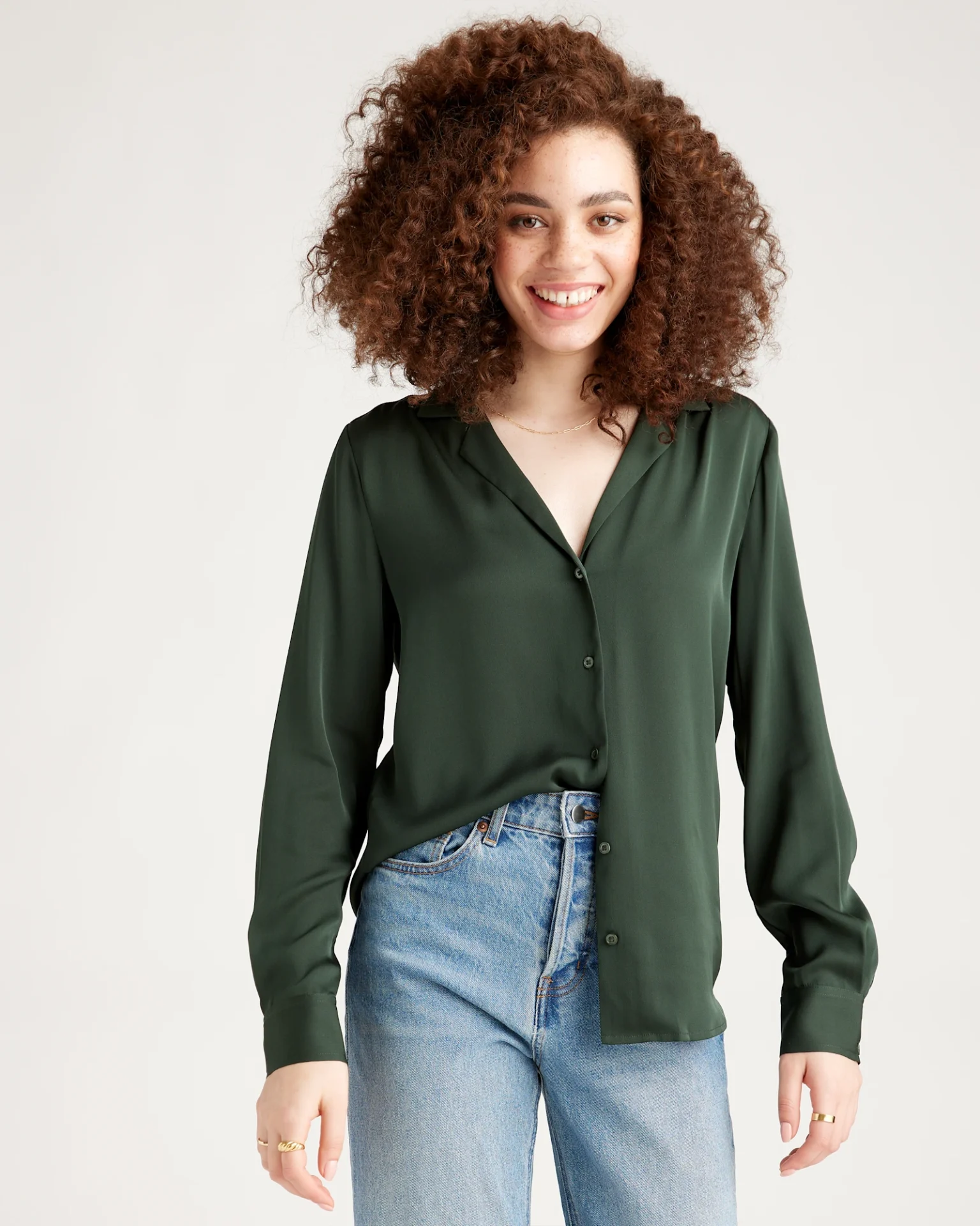 Washable Stretch Silk Notch Collar Blouse (Forest Green)