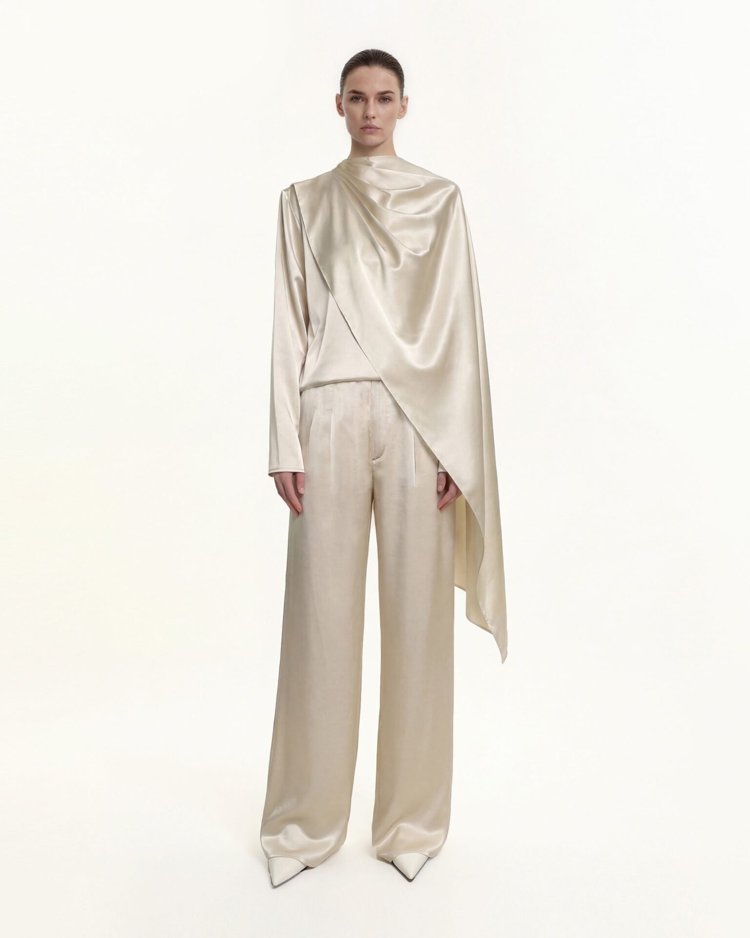 Satin Wide-Leg Trousers (Cream)