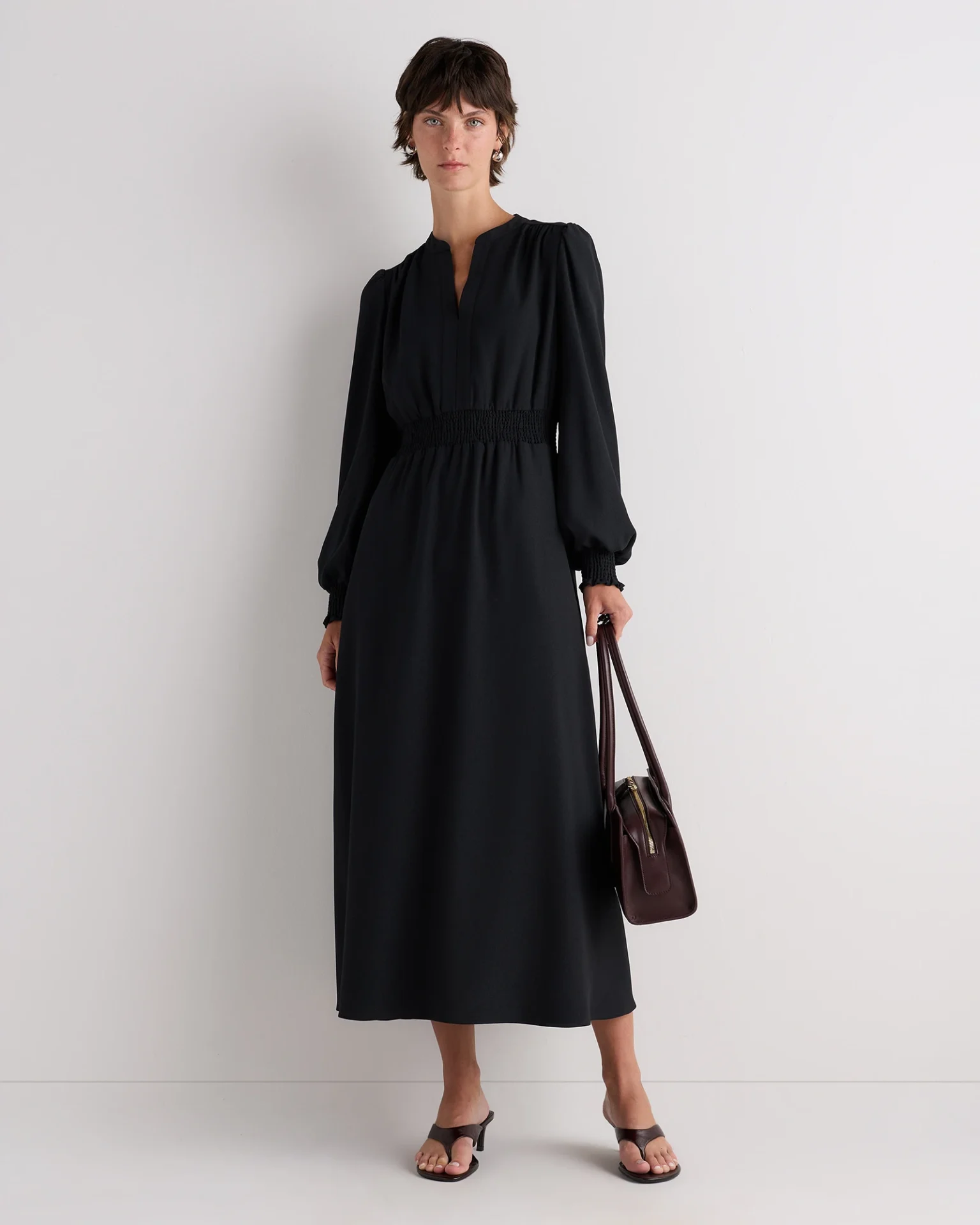 Matte Crepe Long Sleeve Midi Dress (True Black)