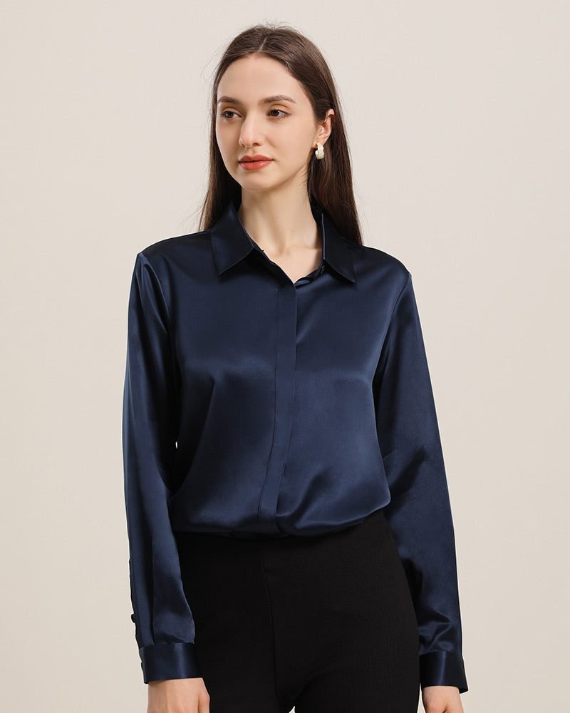 Basic Concealed Silk Shirt (Navy)