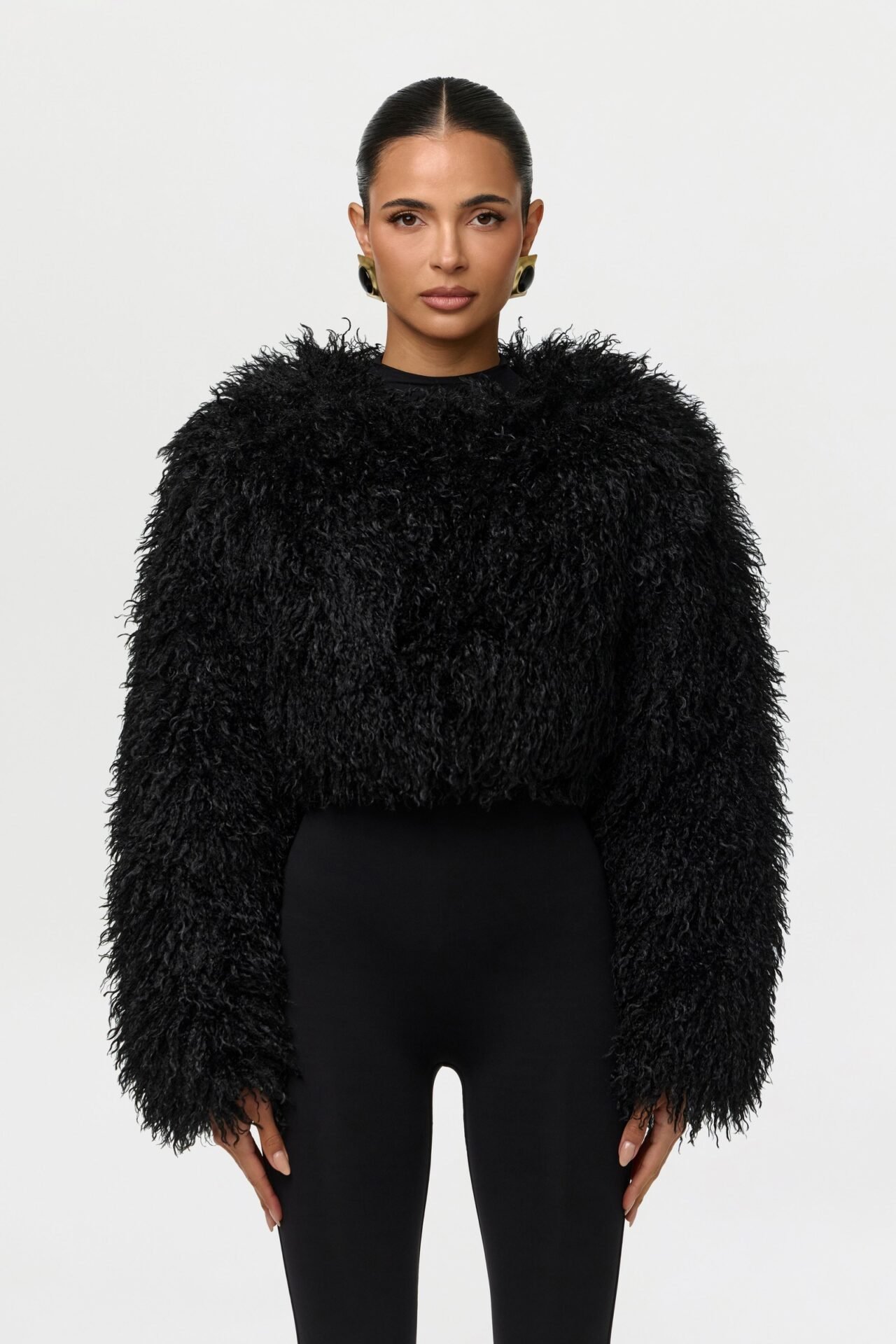 Faux Fur Plush Cropped Jacket (Black)