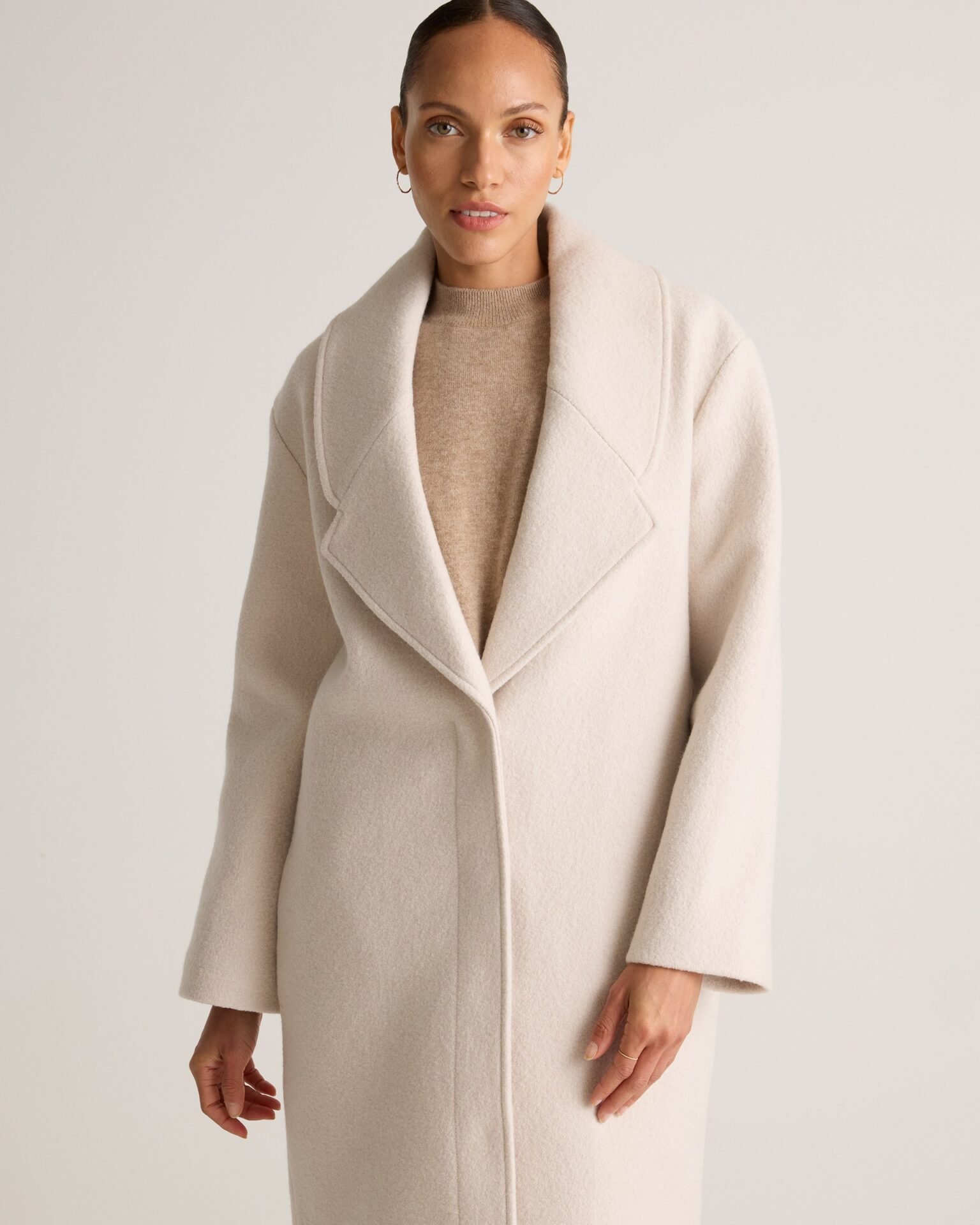 100% Merino Wool Shawl Collar Long Coat (Heather Bone)
