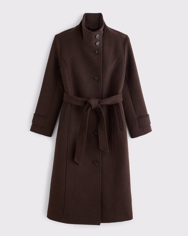 Funnel Neck Wool-Blend Long Coat (Brown)