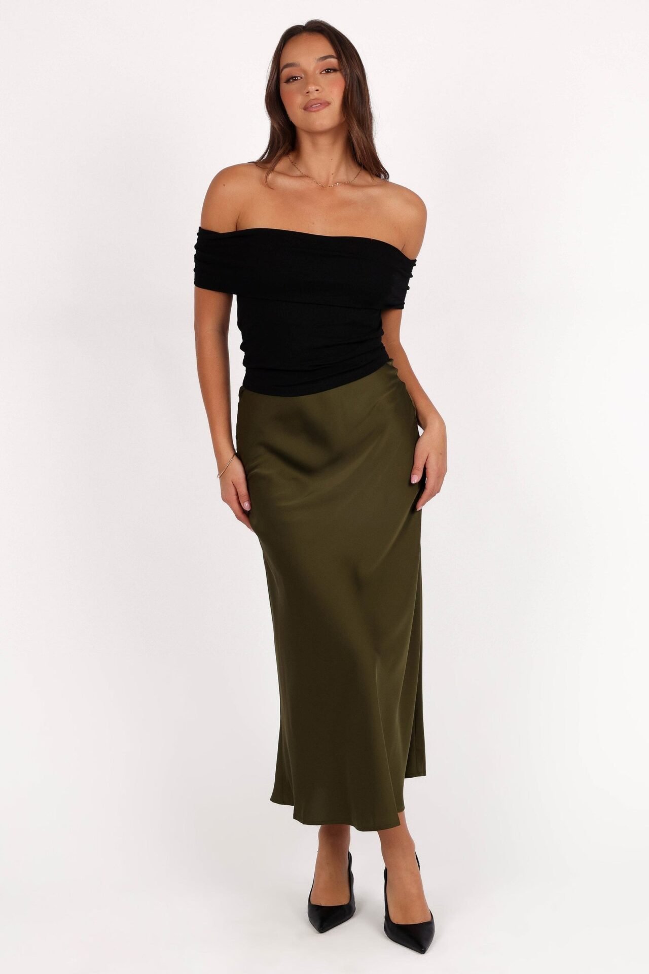 Nellie Satin Midi Skirt (Olive)