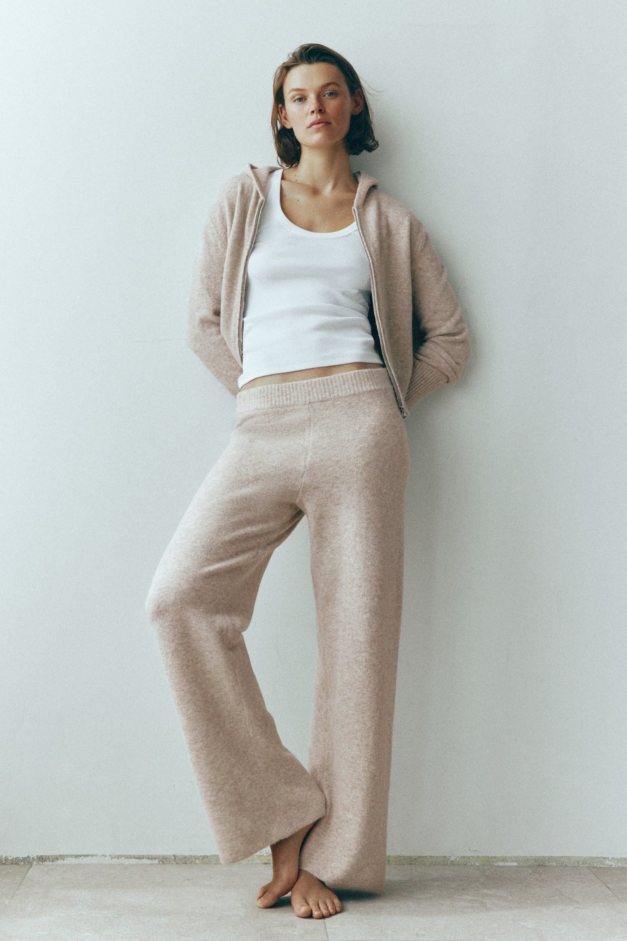 Wide-Leg Knit Pants with Wool Content (Light Beige Melange)