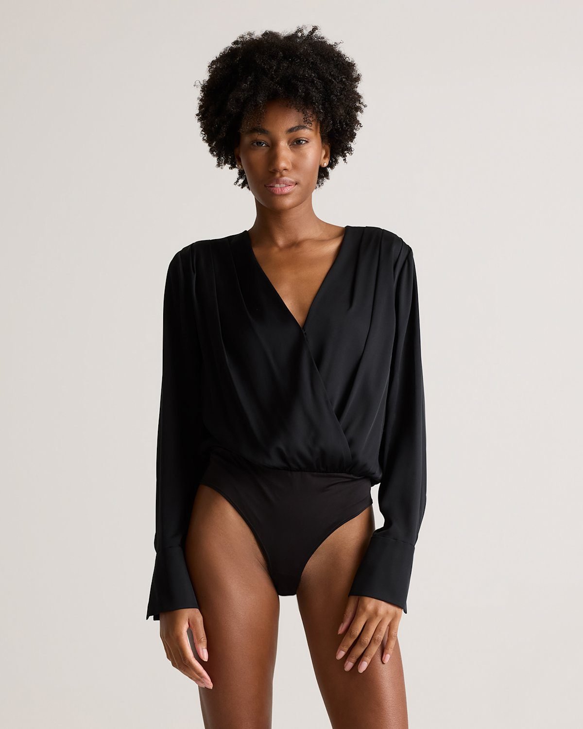 Washable Stretch Silk Surplice Bodysuit (Black)