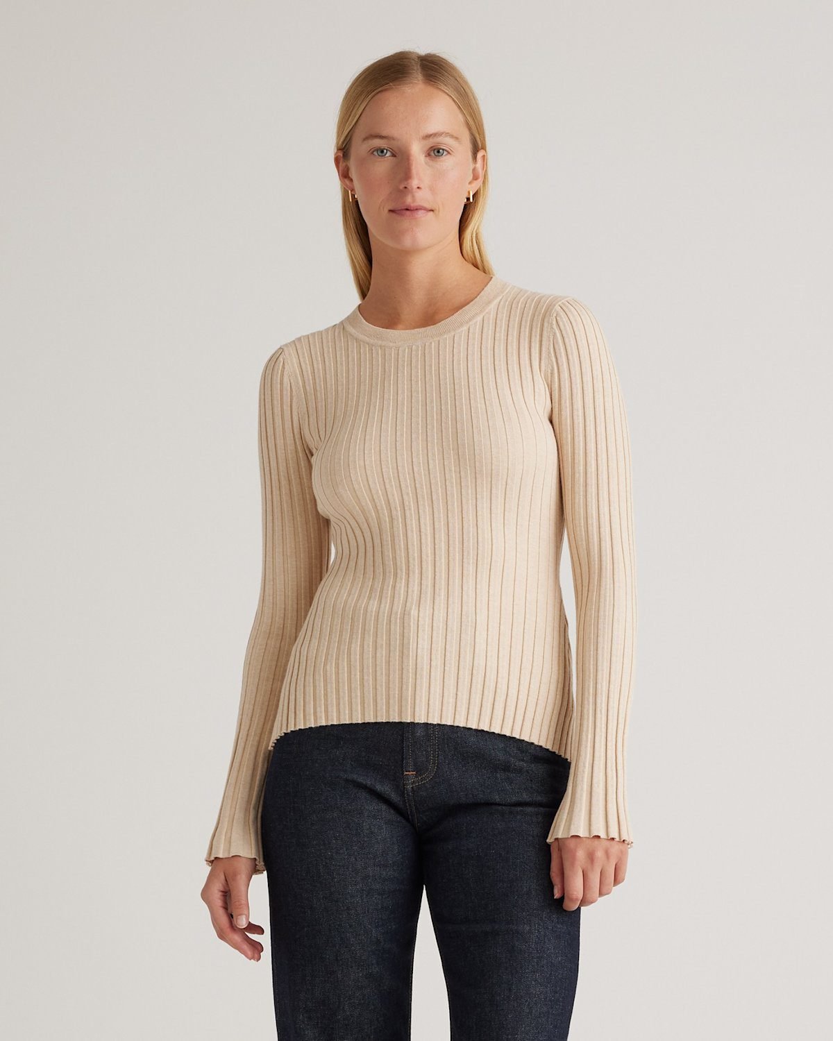 Cotton Cashmere Ribbed Long Sleeve Sweater (Heather Oatmeal)