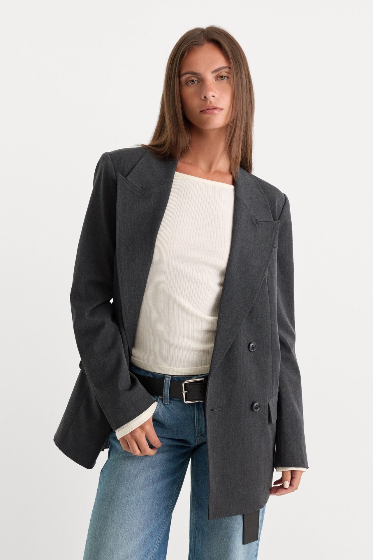 Essential Suiting Oversized Double Breasted Blazer (Dark Heather Gray)