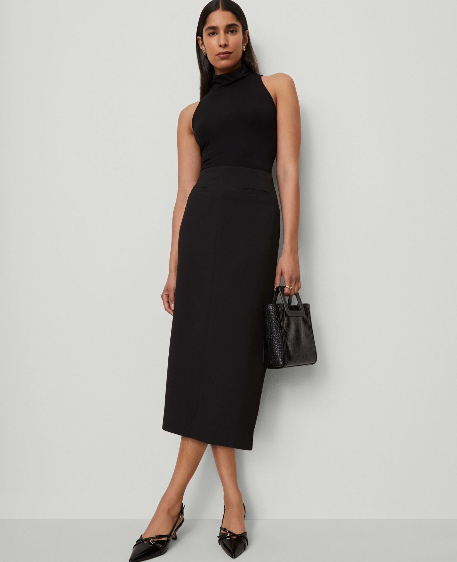 Fluid Crepe Pocket Midi Skirt (Black)