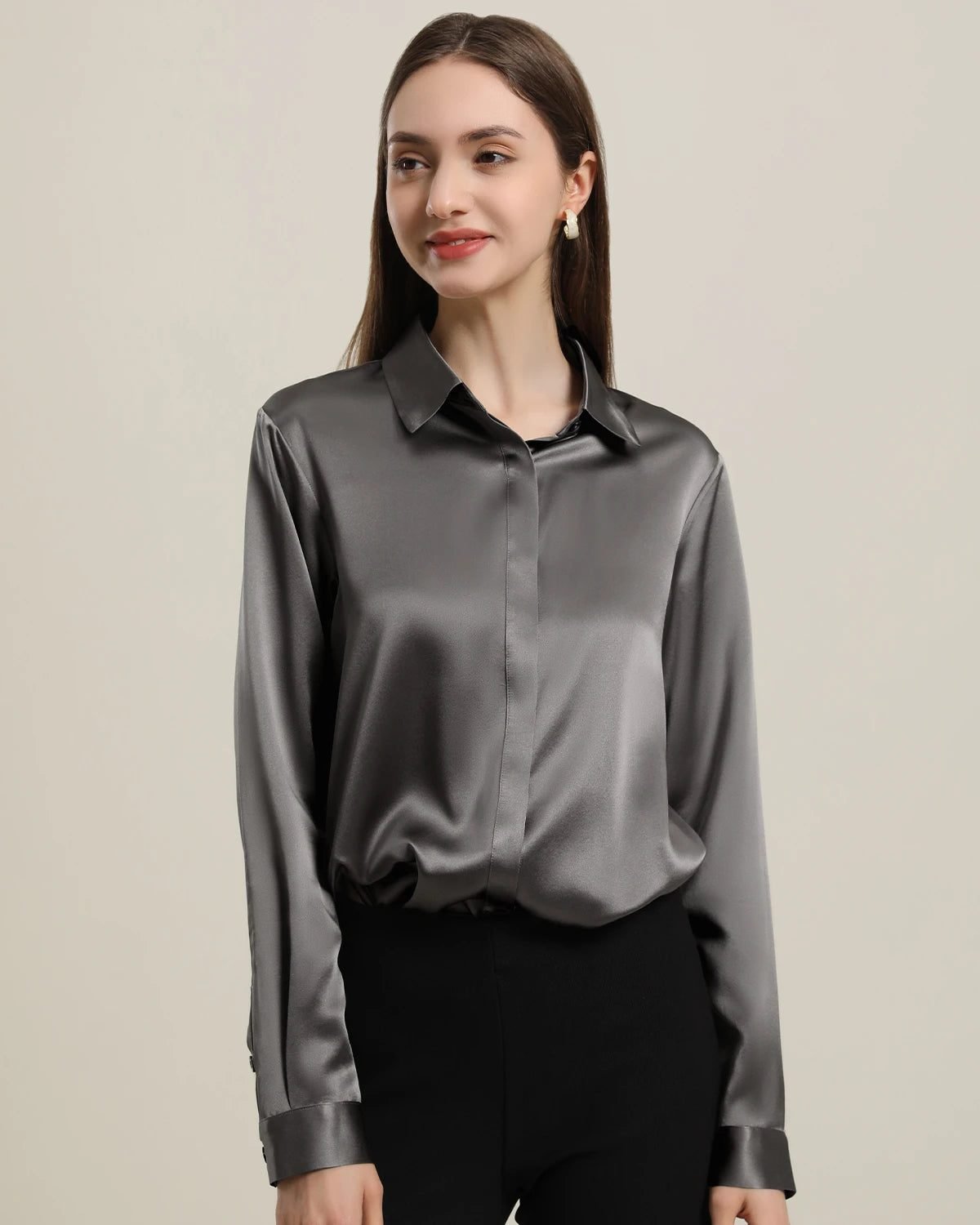 Basic Concealed Silk Shirt (Dark Grey)