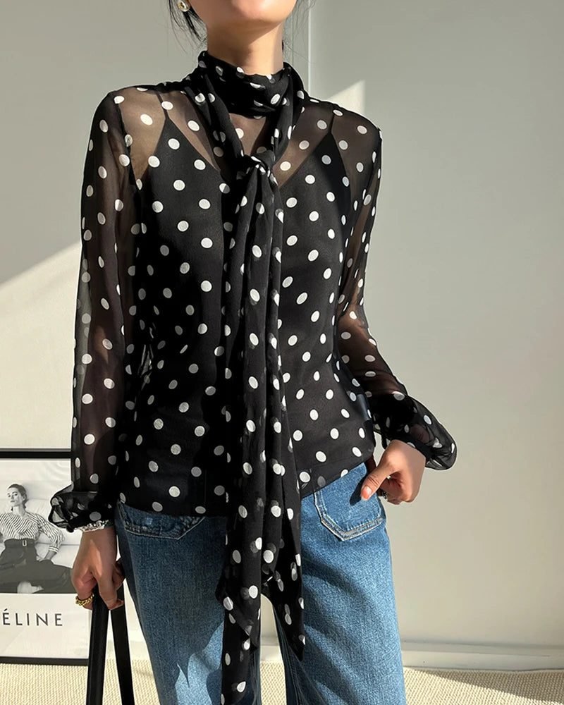 Sheer Polka Dot Silk Blouse (Black/White)