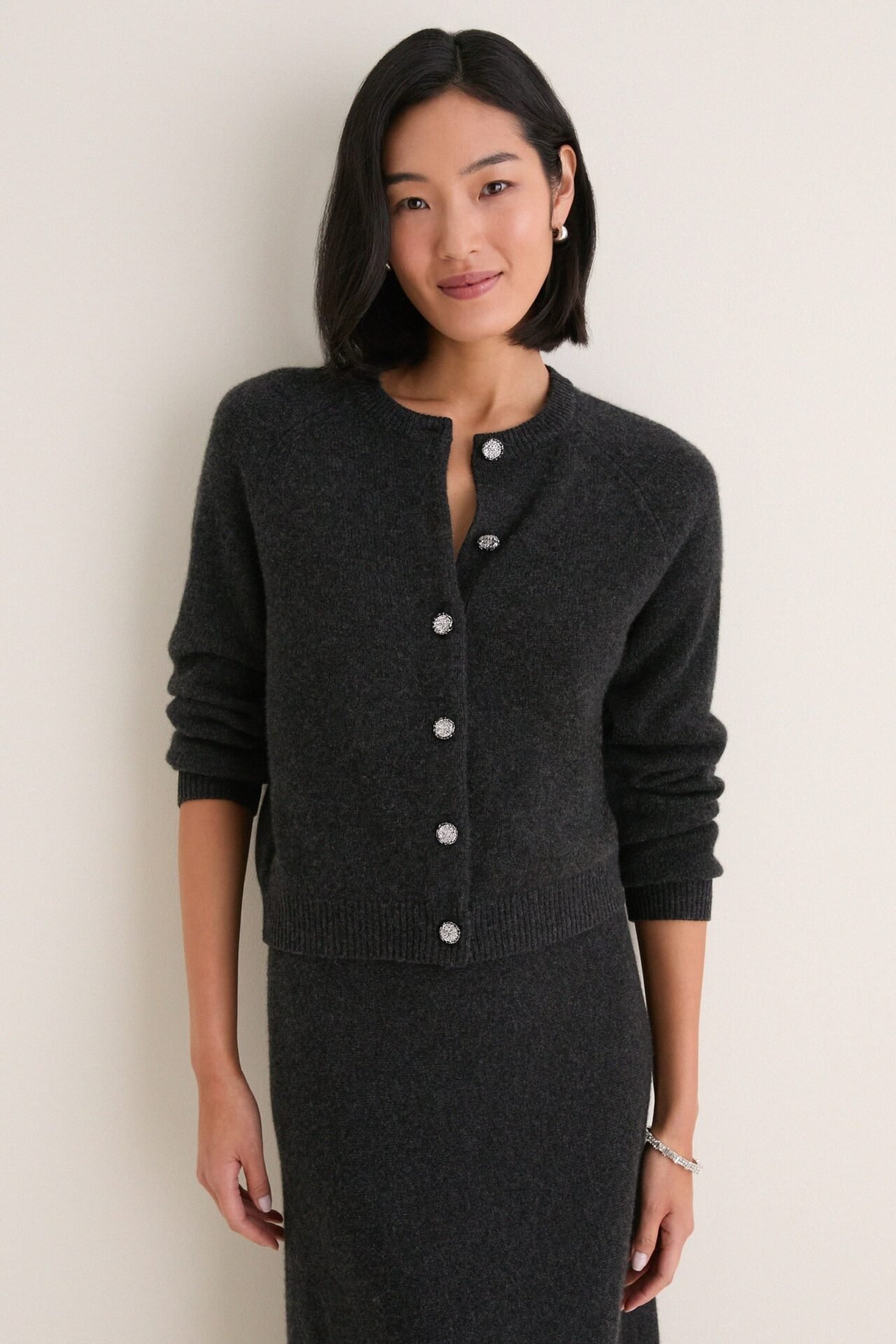 Charcoal Cashmere Embellished Button Lillian Cardigan