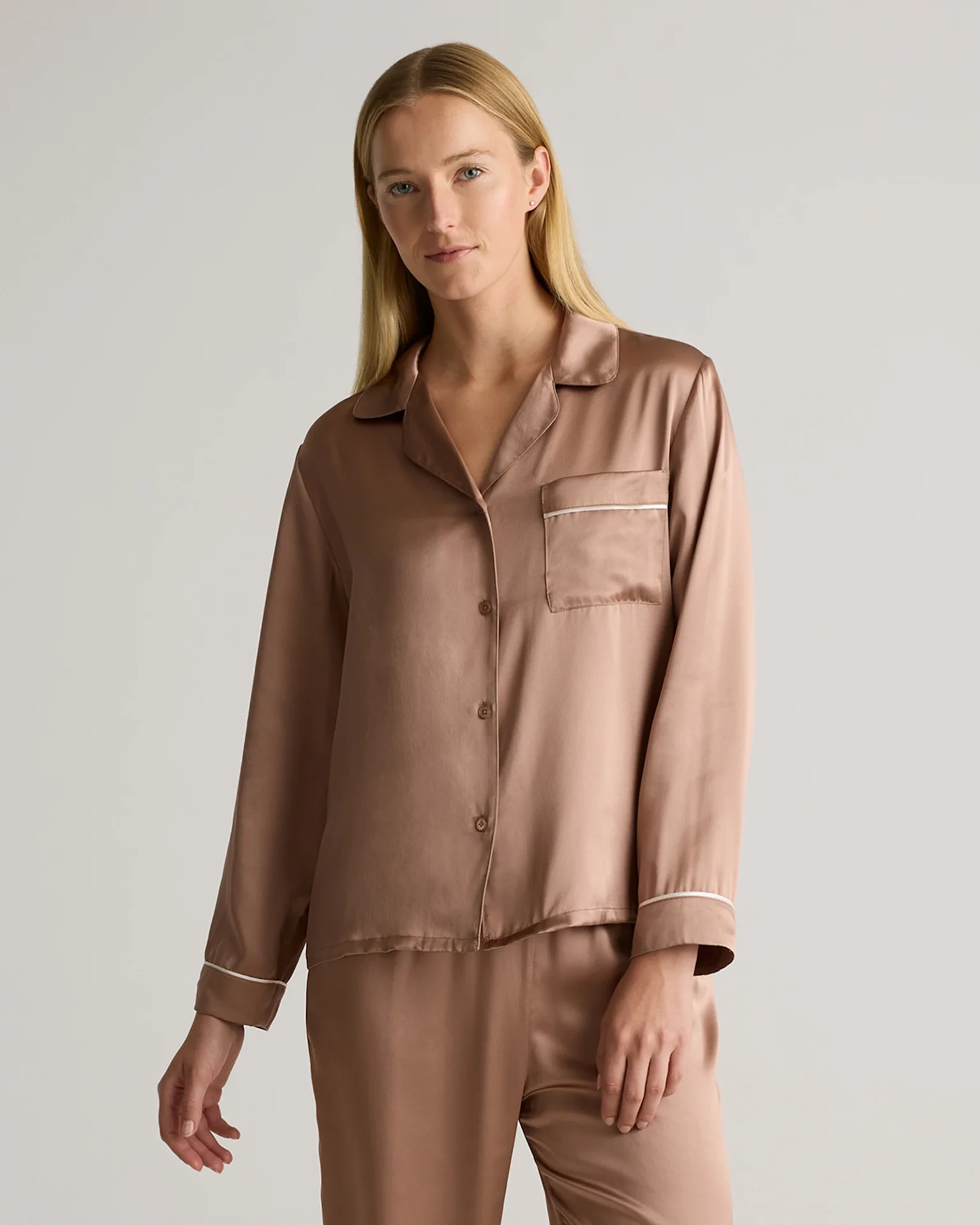 100% Washable Silk Satin Pajama Long Sleeve Top (Toasted Almond)