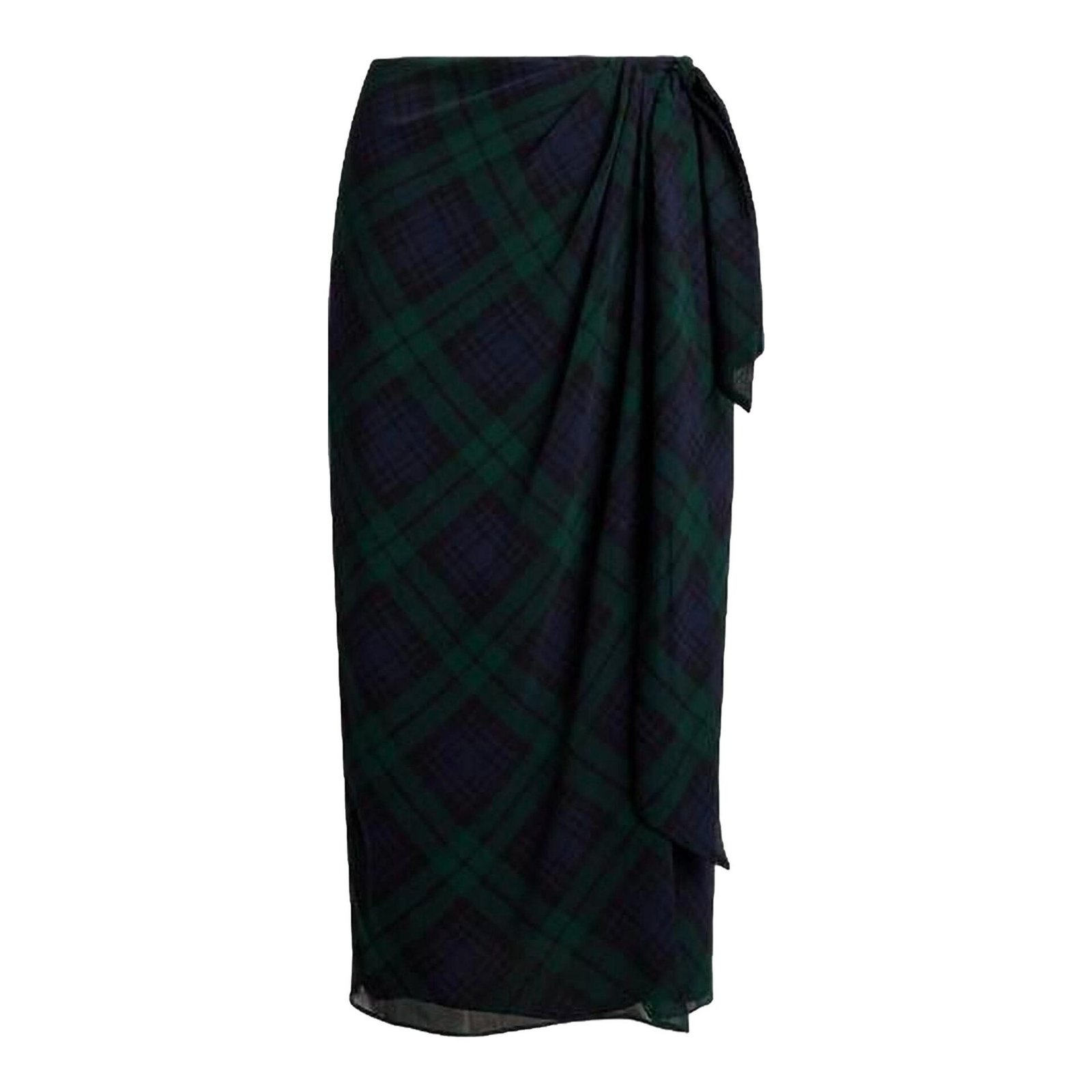 Plaid Tie-Front Georgette Midi Skirt (Black Watch Plaid)
