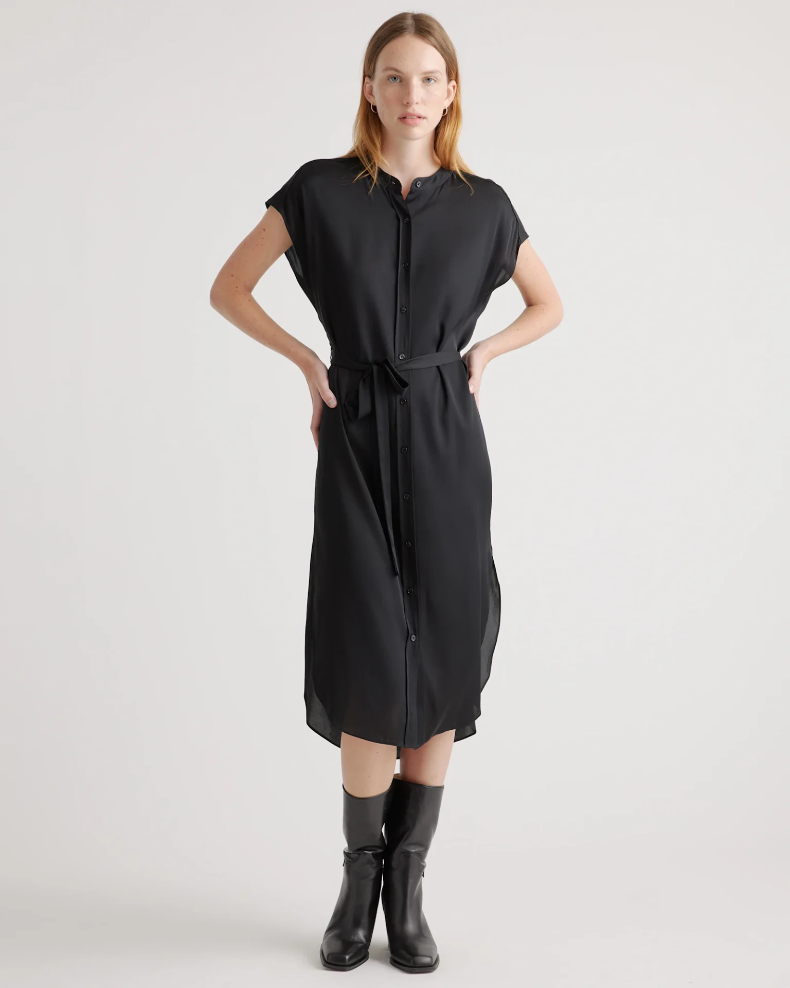 Washable Stretch Silk Midi Shirt Dress (Black)