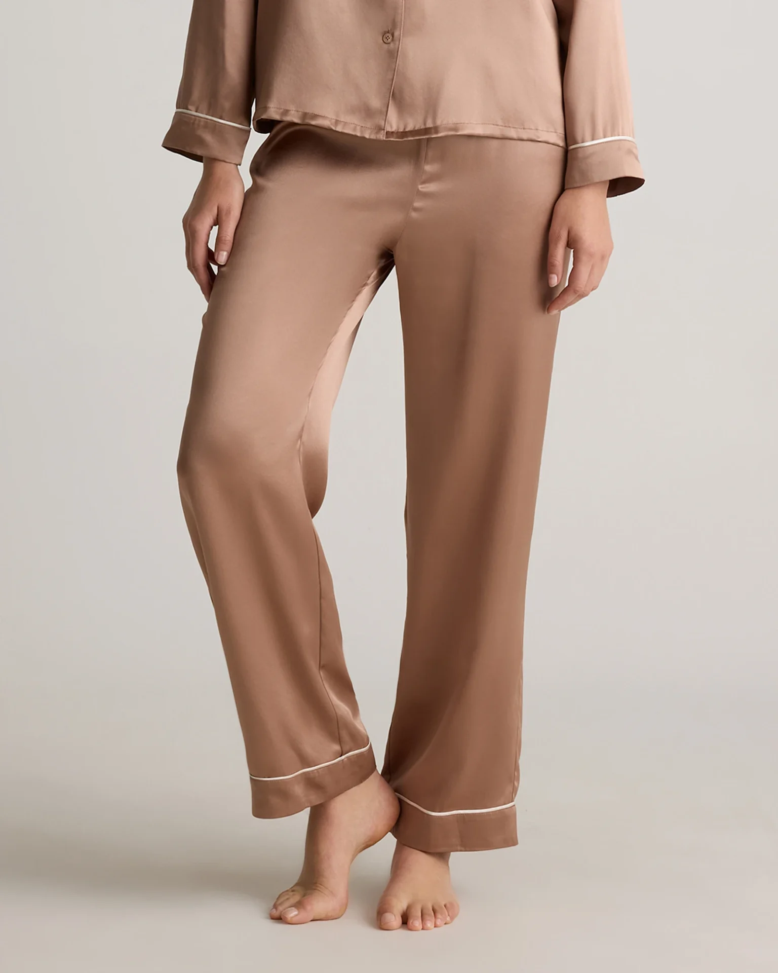 100% Washable Silk Satin Pajama Pant with Piping (Toasted Almond)
