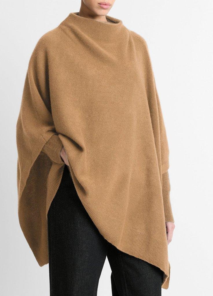 Merino Wool-Cashmere Funnel-Neck Poncho (Biscotti)