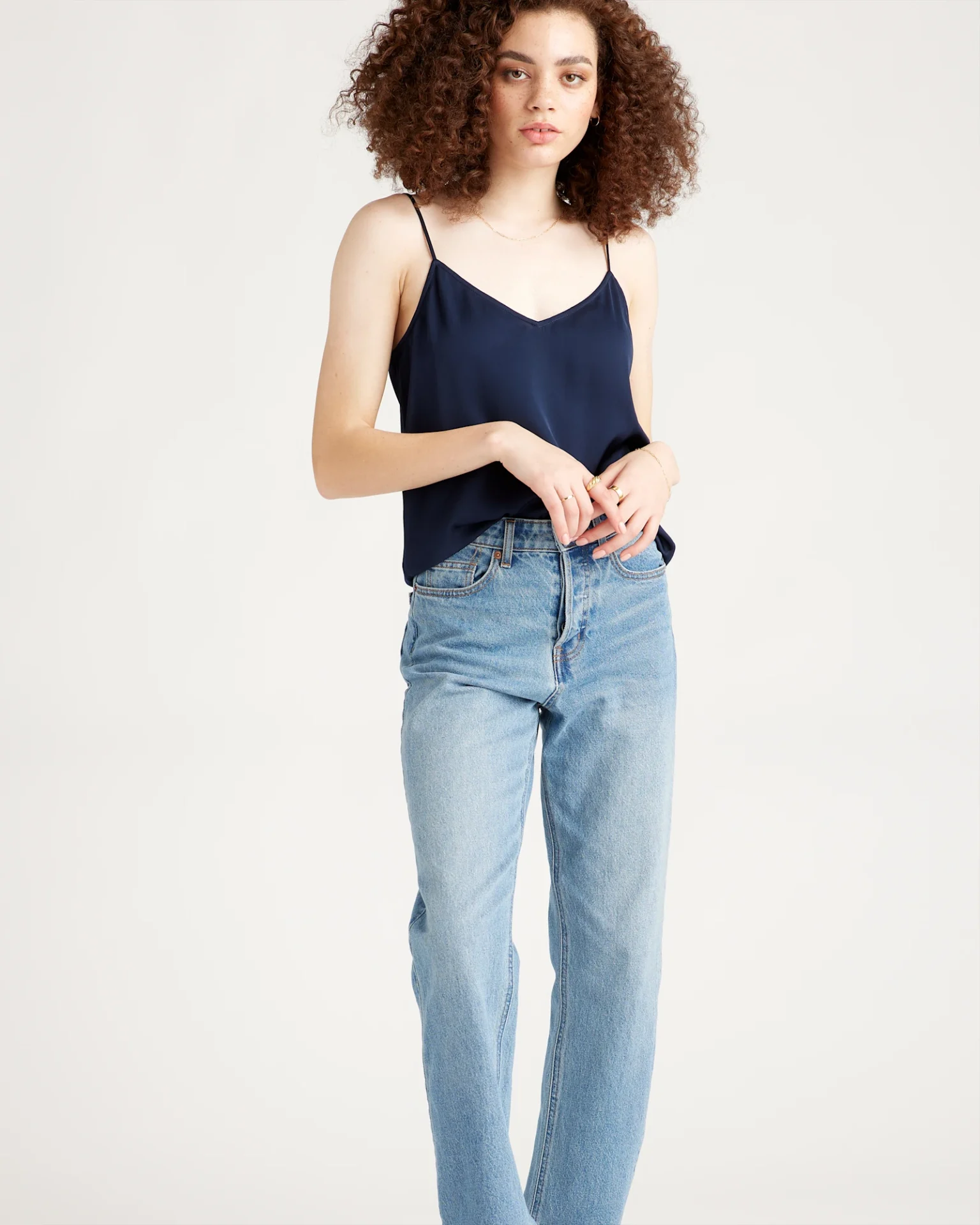 Washable Stretch Silk V-Neck Cami (Navy)