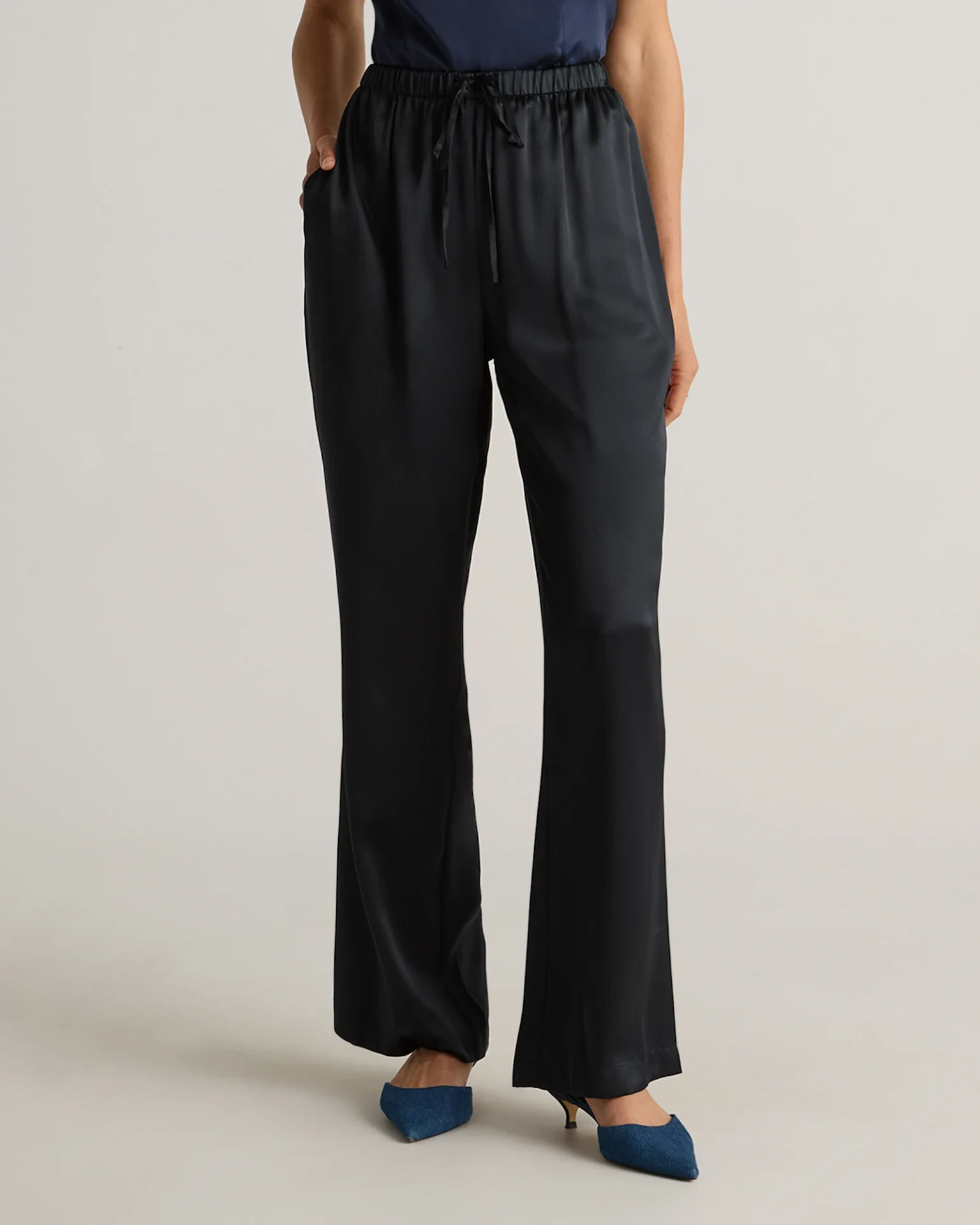 100% Washable Silk Drawstring Wide Leg Pants (Black)