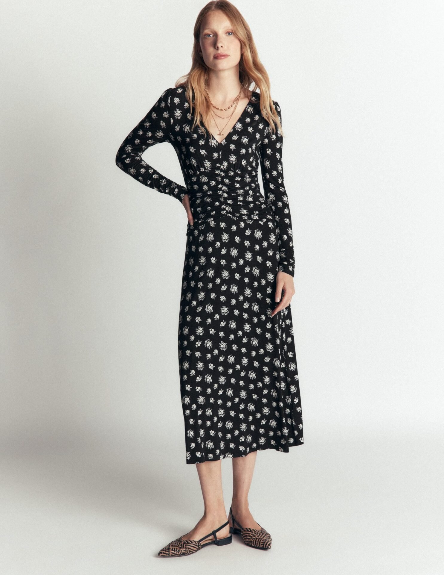 Mya Ruched Jersey Midi Dress (French Navy, Delicate Garden)