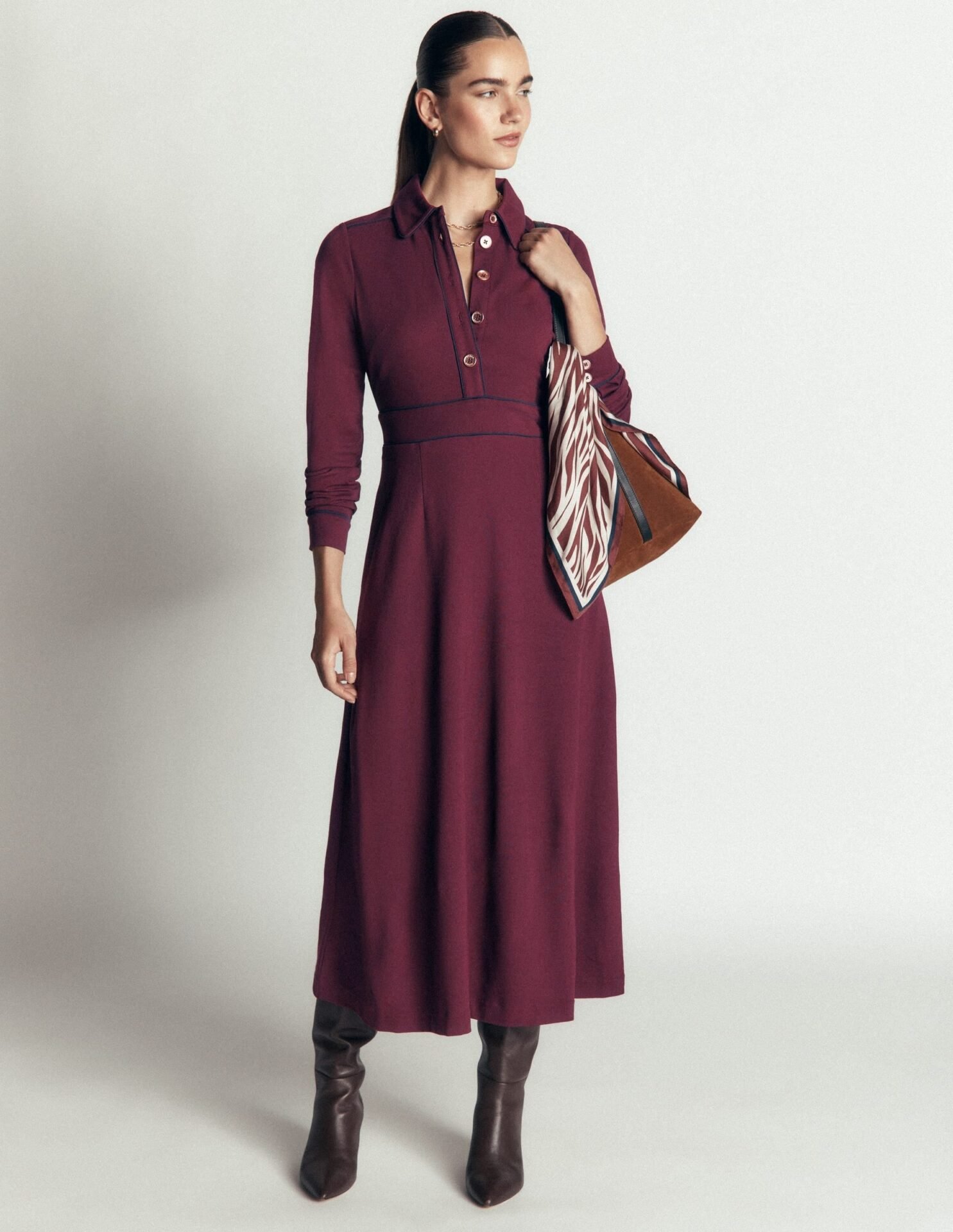 Etta Piping Detail Ponte Dress (Dark Cherry, Navy)