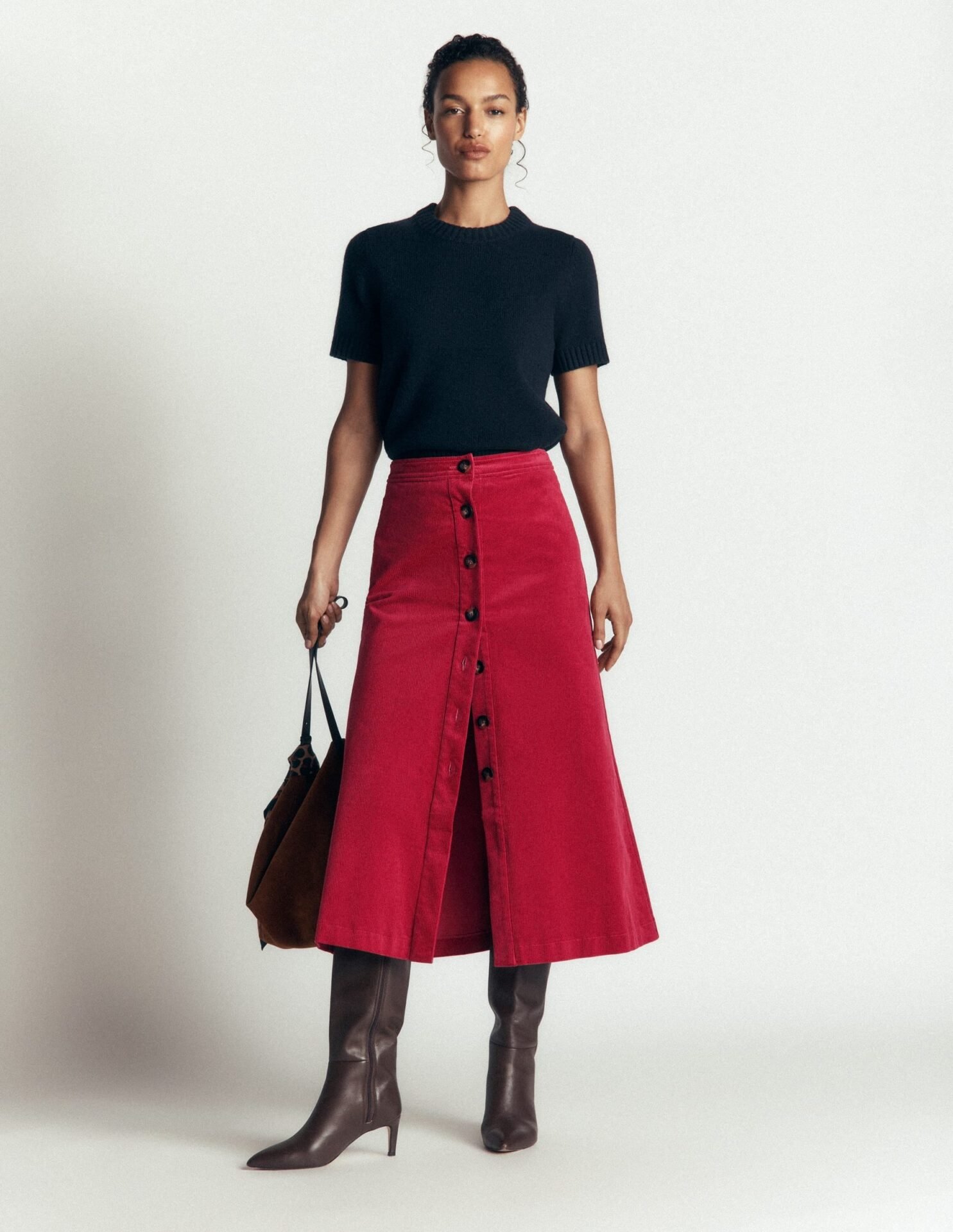 Val Button Cord Midi Skirt (Red Earth)