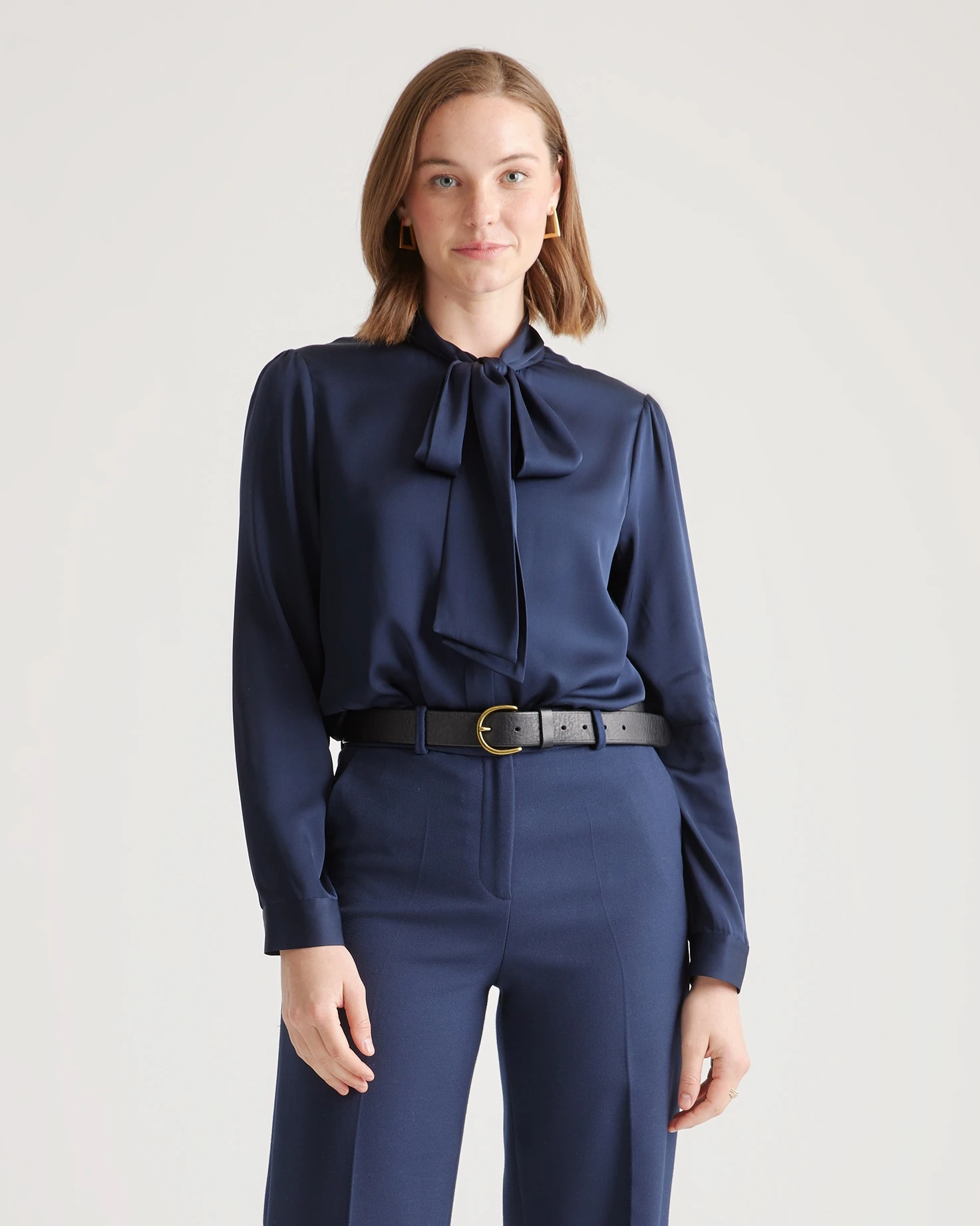 Washable Stretch Silk Tie Neck Blouse (Navy)