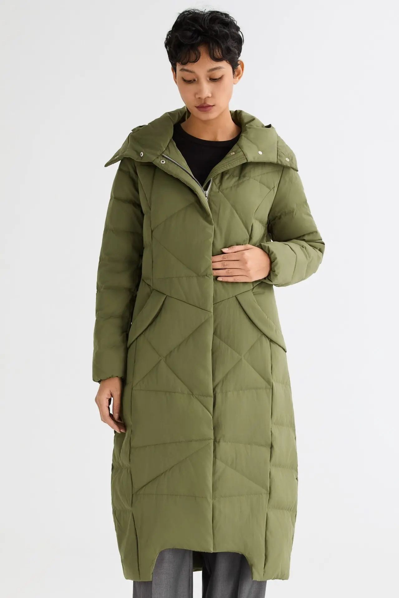 Long Maxi Down Coat with Hood (Peat Moss)