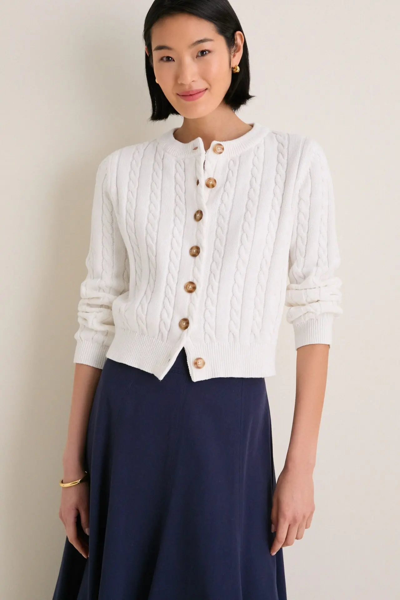 Ivory Cotton Cable Draper Cardigan