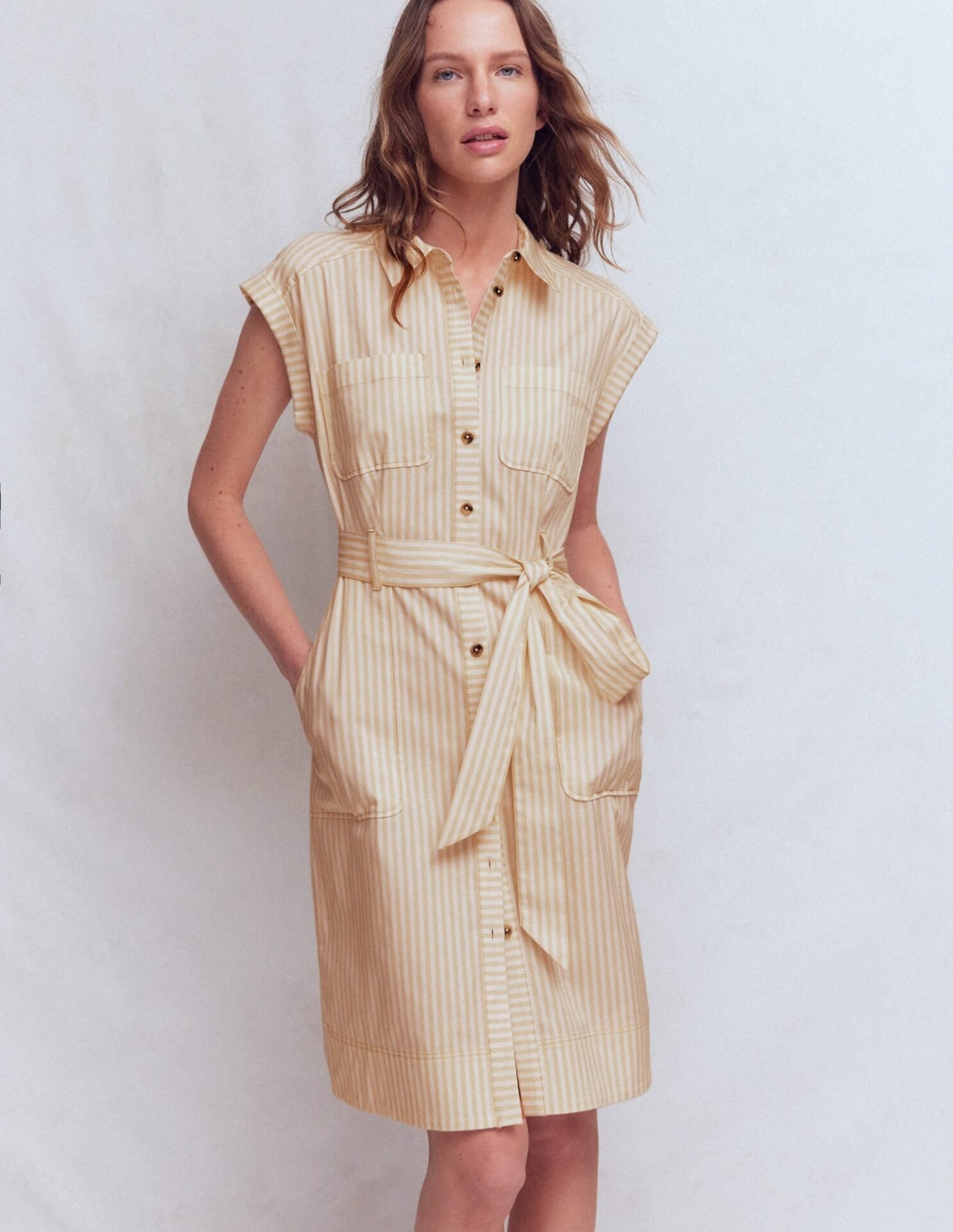 Short Belted Shirt Dress (Brown, Ivory Ticking Stripe)