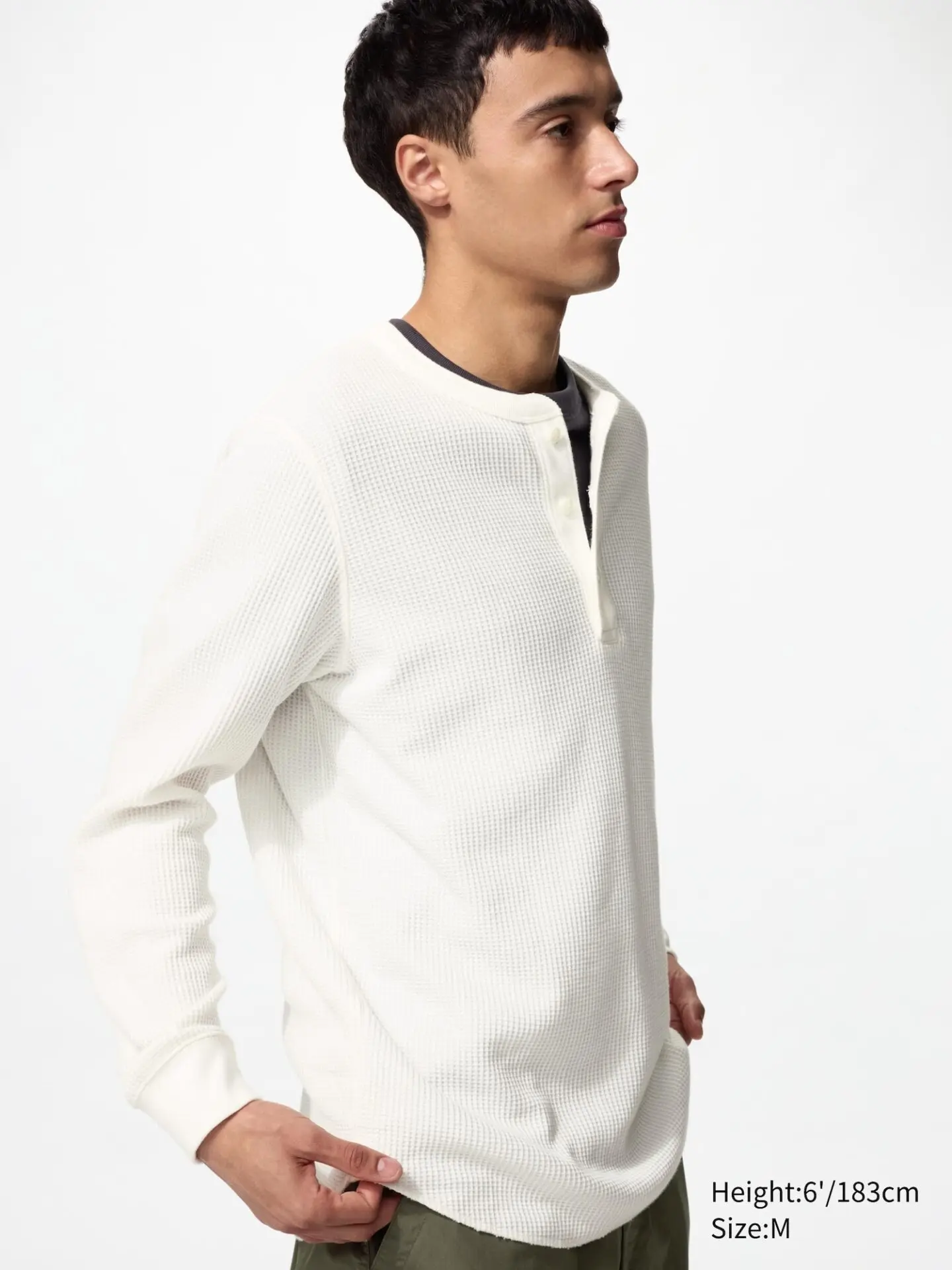 Waffle Henley Neck T-Shirt | Long Sleeve (01 Off White)