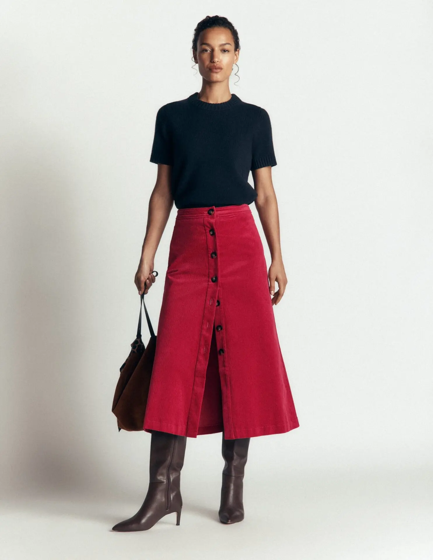 Val Button Cord Midi Skirt (Red Earth)