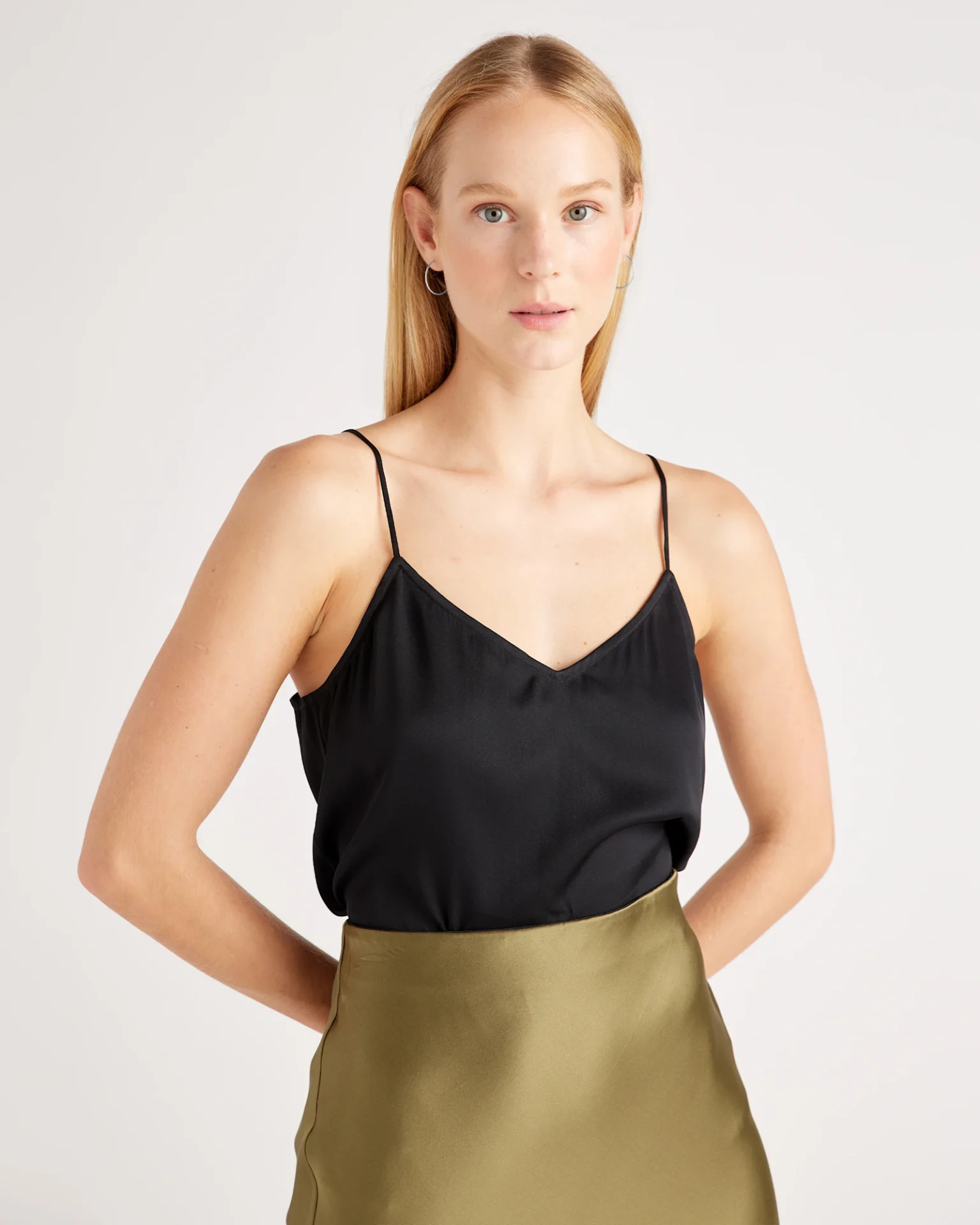 Washable Stretch Silk V-Neck Cami (Black)