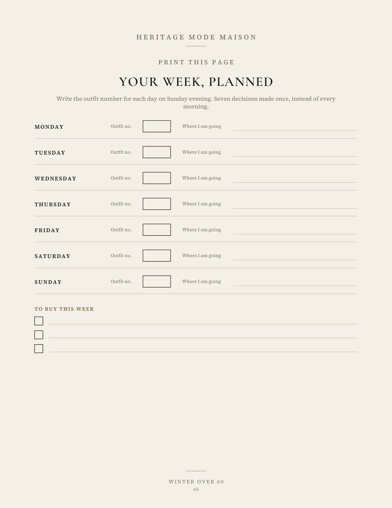 The weekly planner page