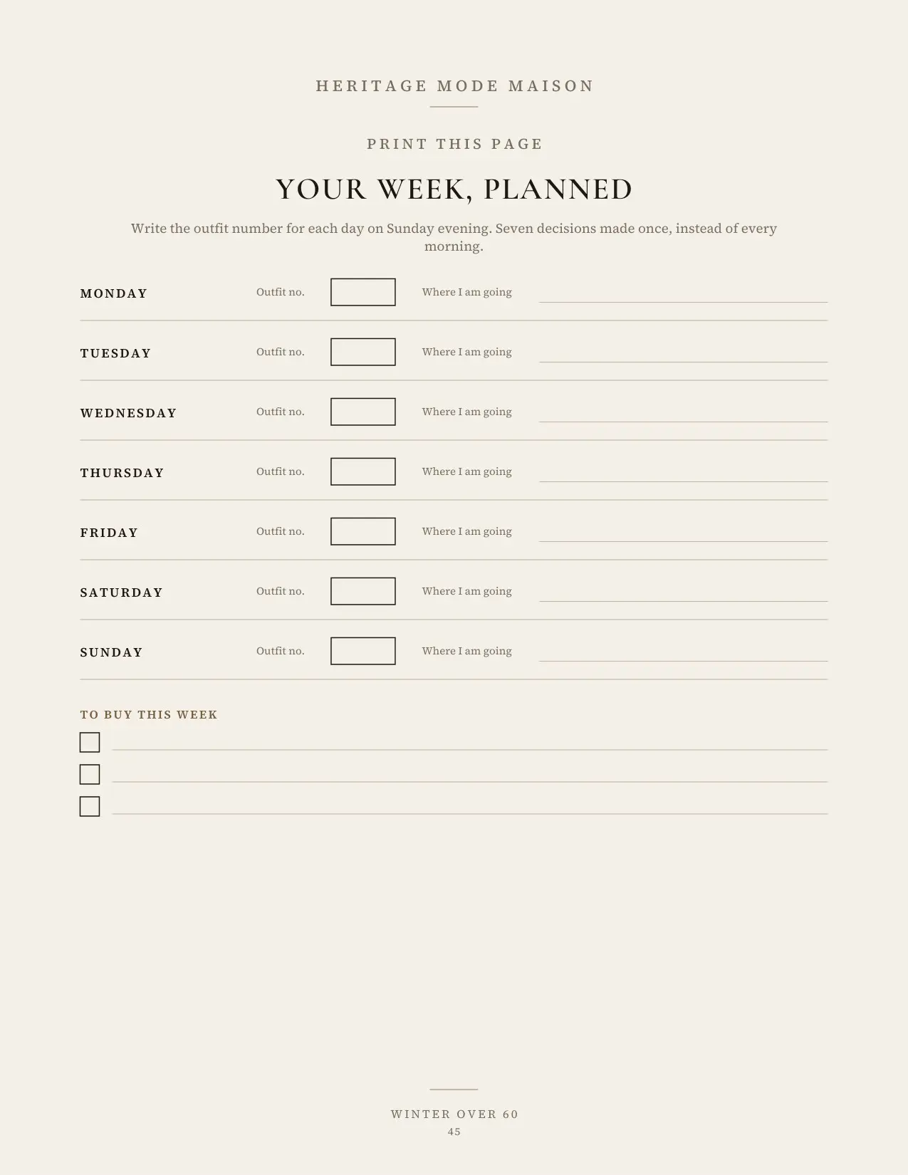 The weekly planner page