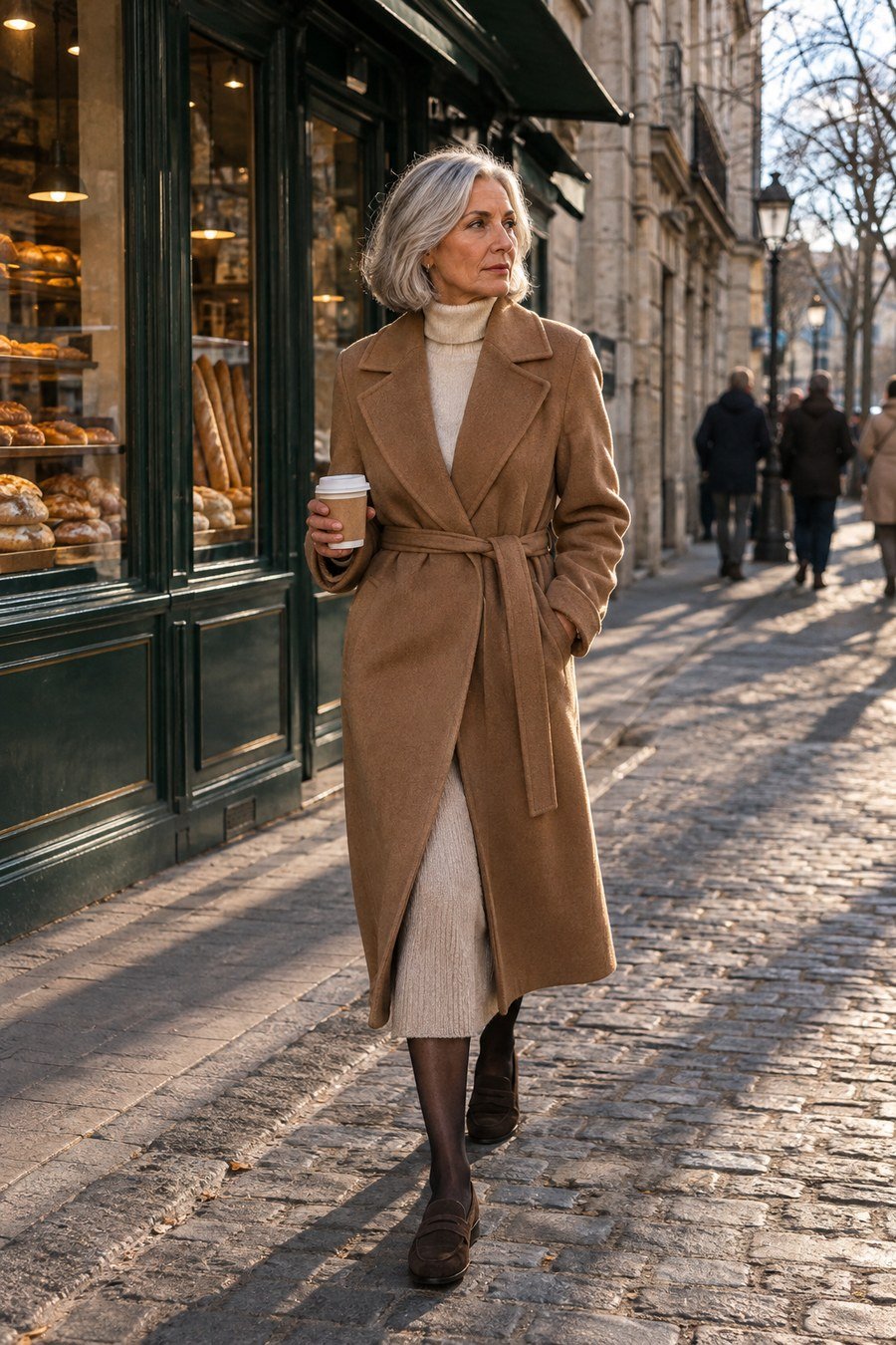 Camel wrap coat, ivory turtleneck, oatmeal midi skirt, suede loafers